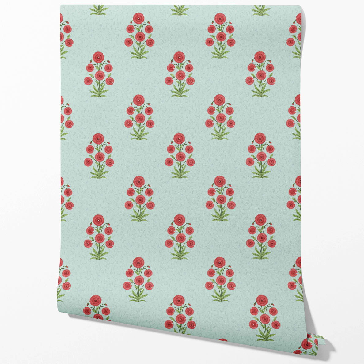 Botanical Floral Block Print Kitchen Wallpaper (Blue/ Red-Pink/ Green)