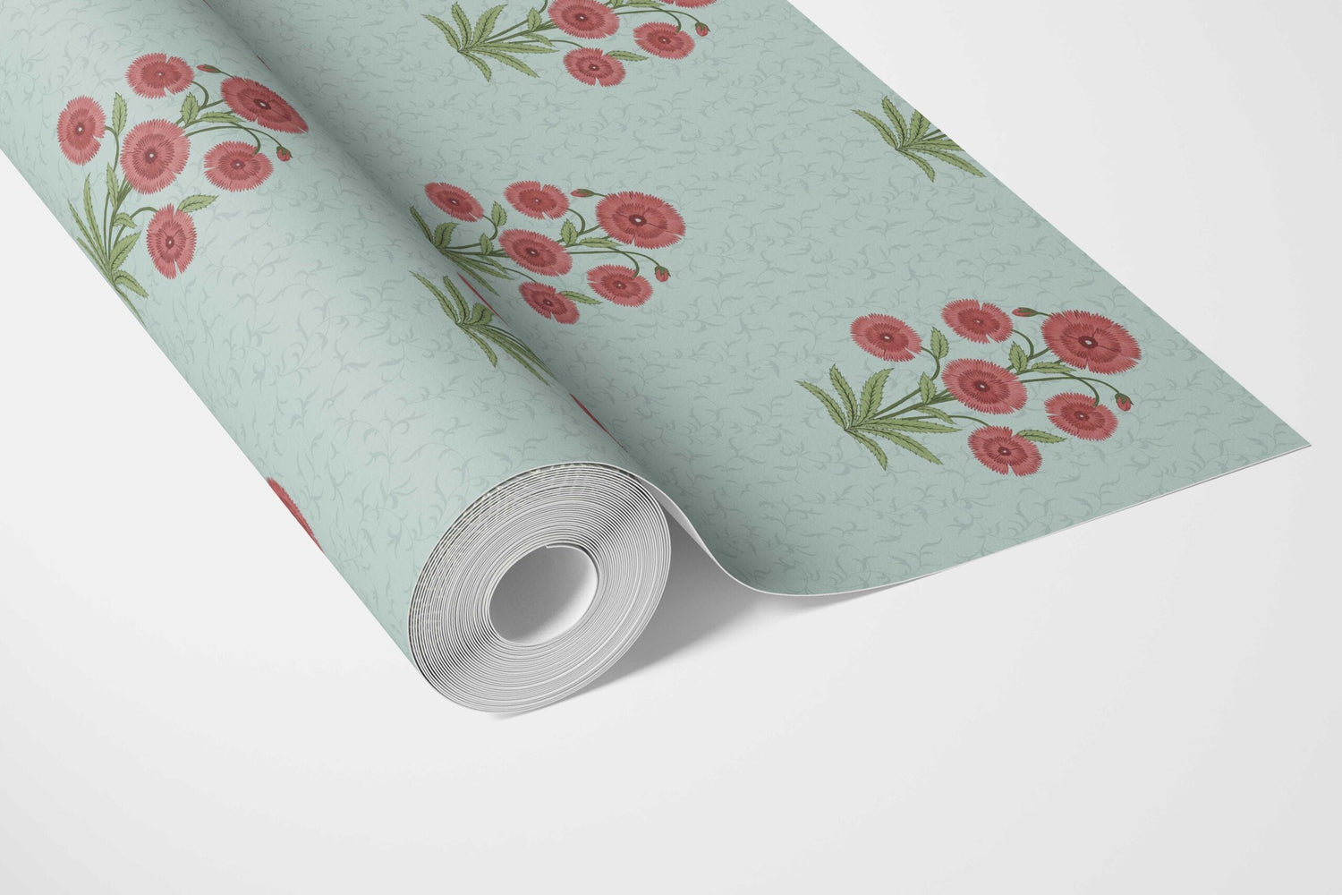 Botanical Floral Block Print Bathroom Wallpaper (Blue/ Red-Pink/ Green)