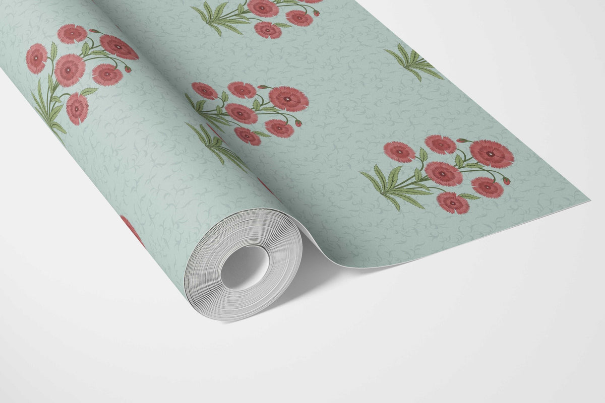 Botanical Floral Block Print Bathroom Wallpaper (Blue/ Red-Pink/ Green)