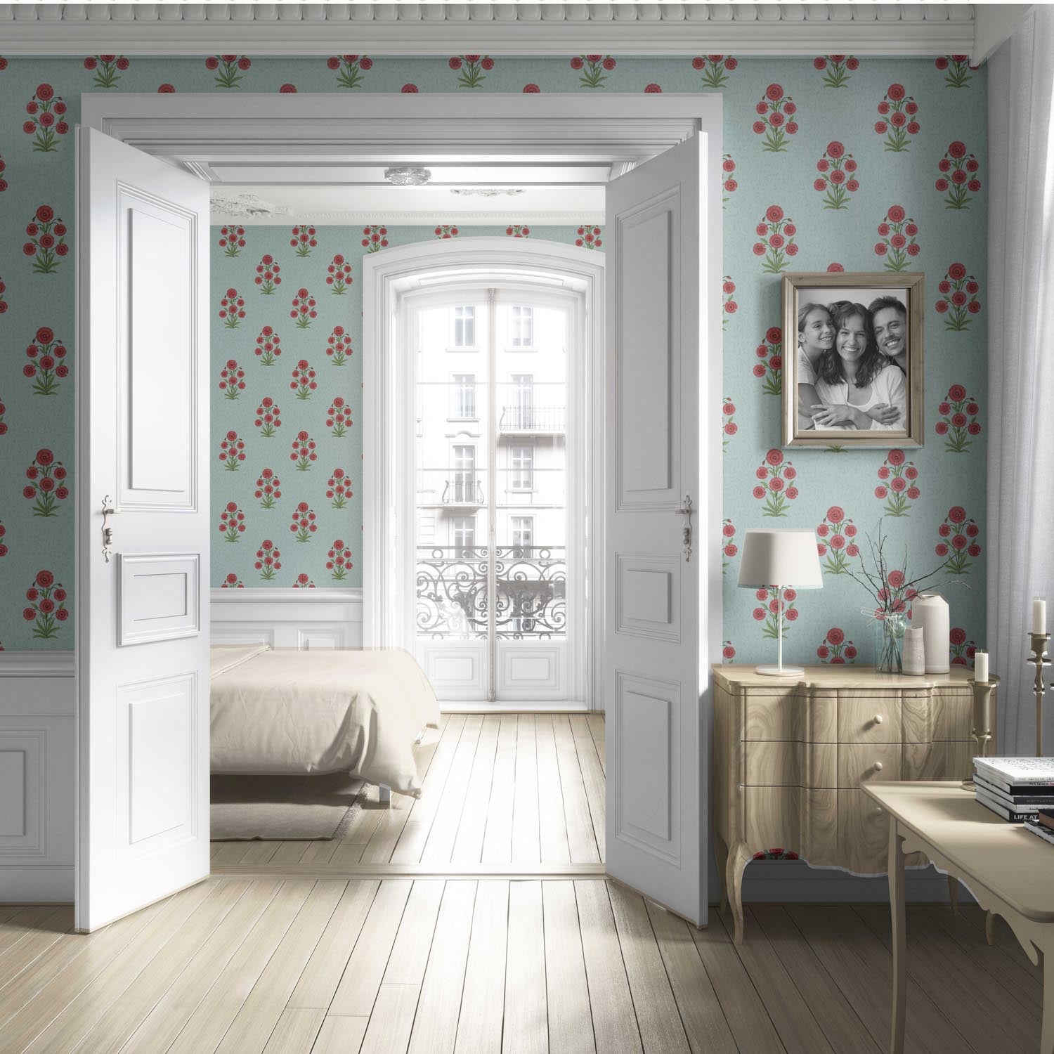 Botanical Floral Block Print Living Room Wallpaper (Blue/ Red-Pink/ Green)