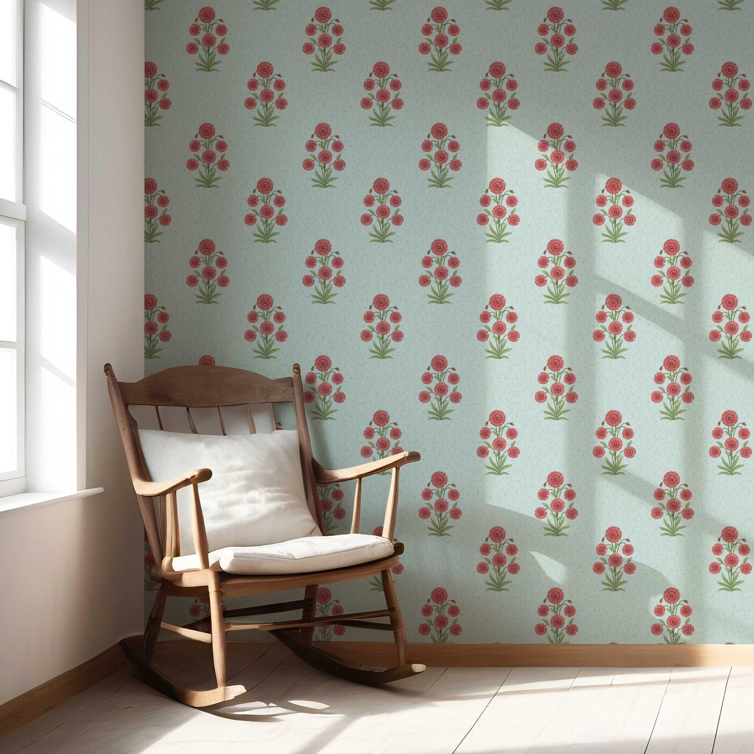 Botanical Floral Block Print Nursery Wallpaper (Blue/ Red-Pink/ Green)