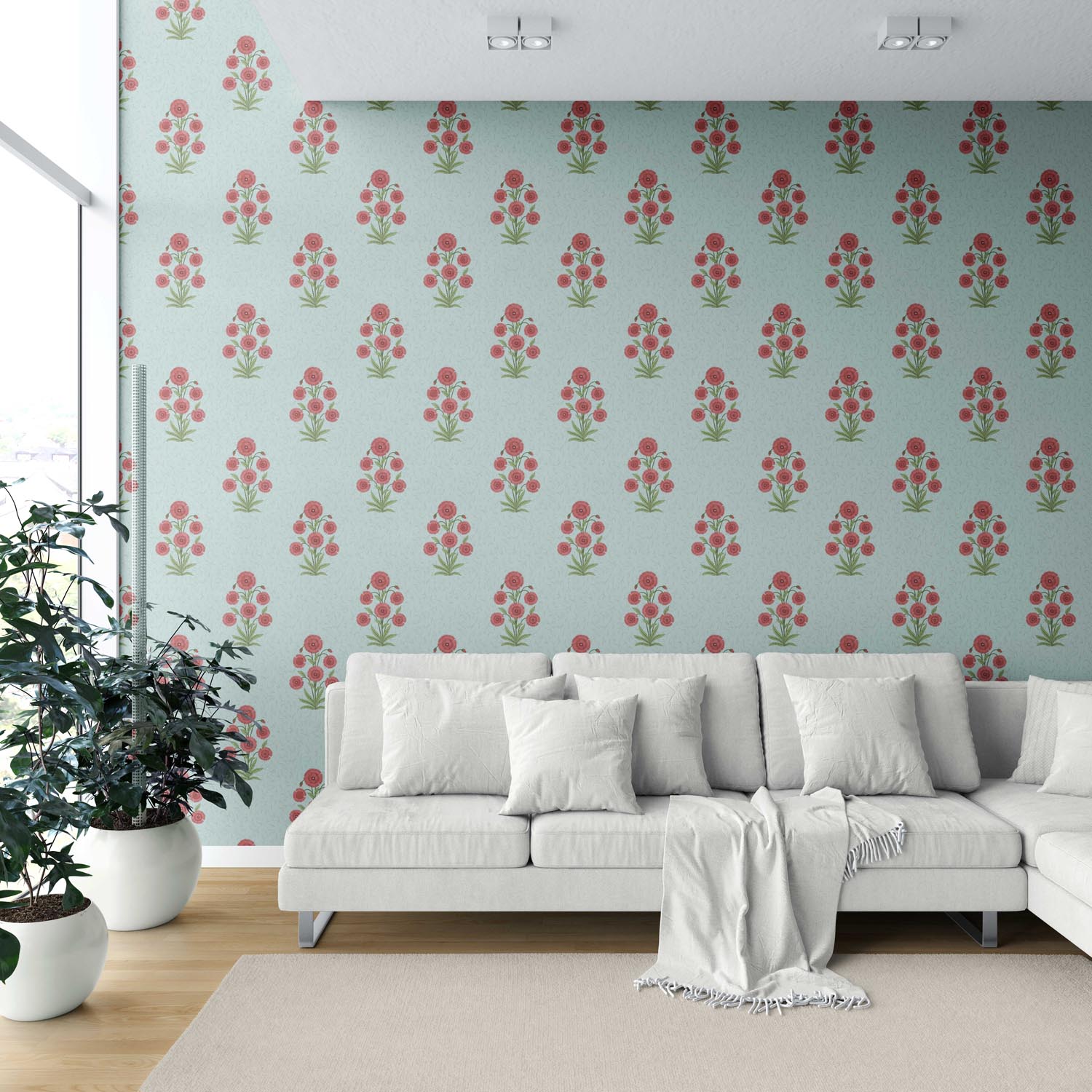 Botanical Floral Block Print Shower Toilet Wallpaper (Blue/ Red-Pink/ Green)