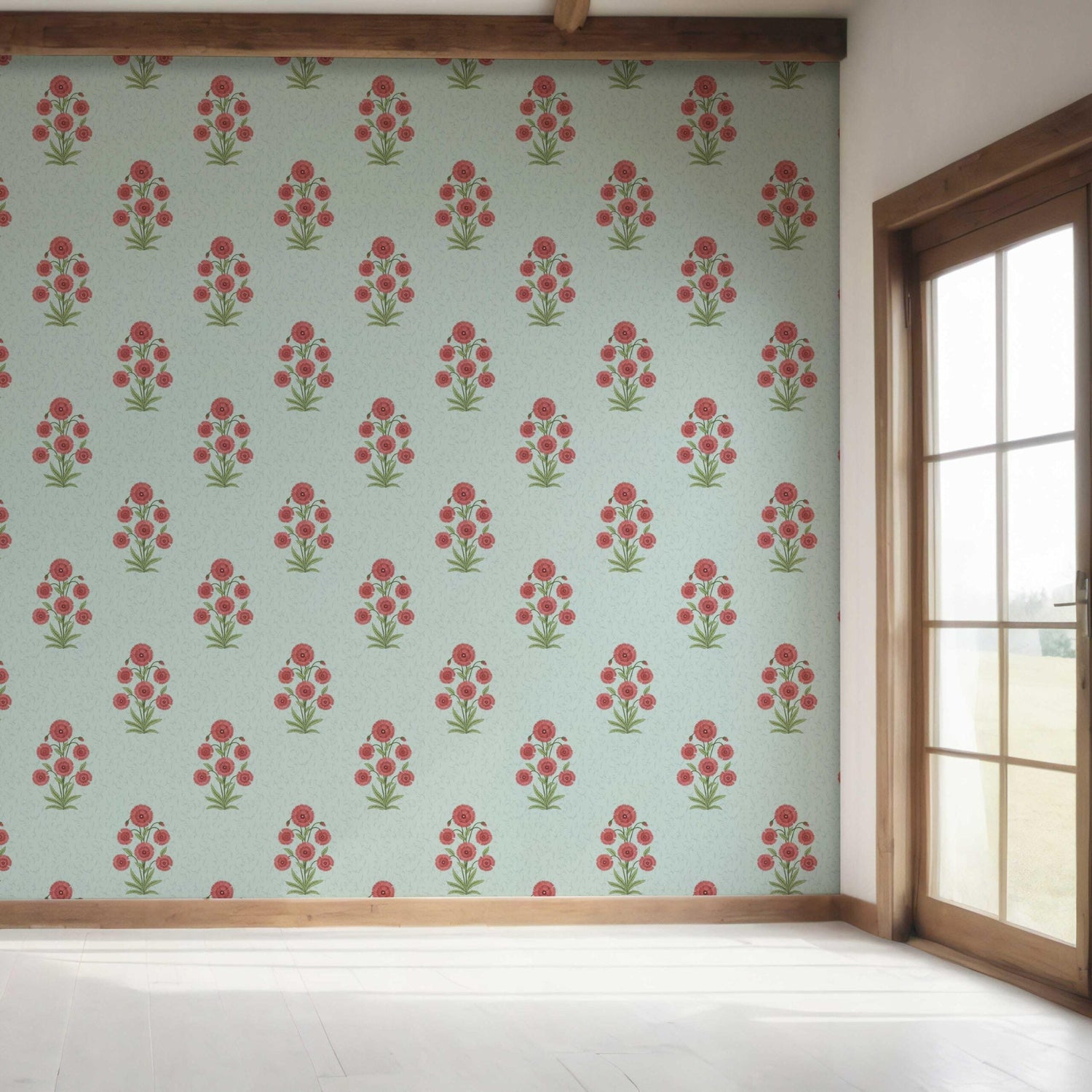 Botanical Floral Block Print Bedroom Wallpaper (Blue/ Red-Pink/ Green)