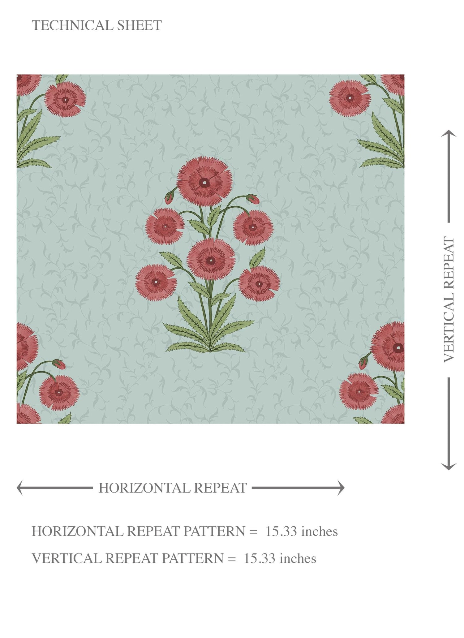 Botanical Floral Block Print Kids Room Wallpaper (Blue/ Red-Pink/ Green)