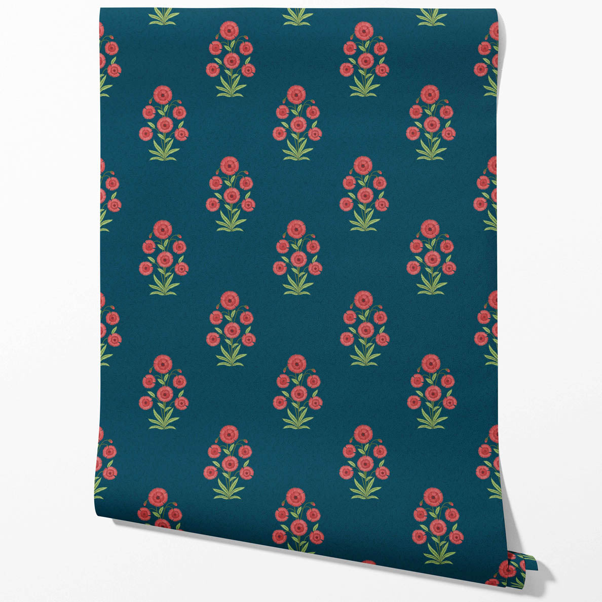 Botanical Floral Block Print Kitchen Wallpaper (Teal Blue/ Red-Pink/ Green)