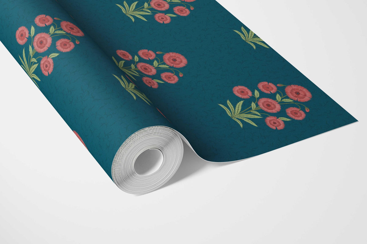 Botanical Floral Block Print Bathroom Wallpaper (Teal Blue/ Red-Pink/ Green)