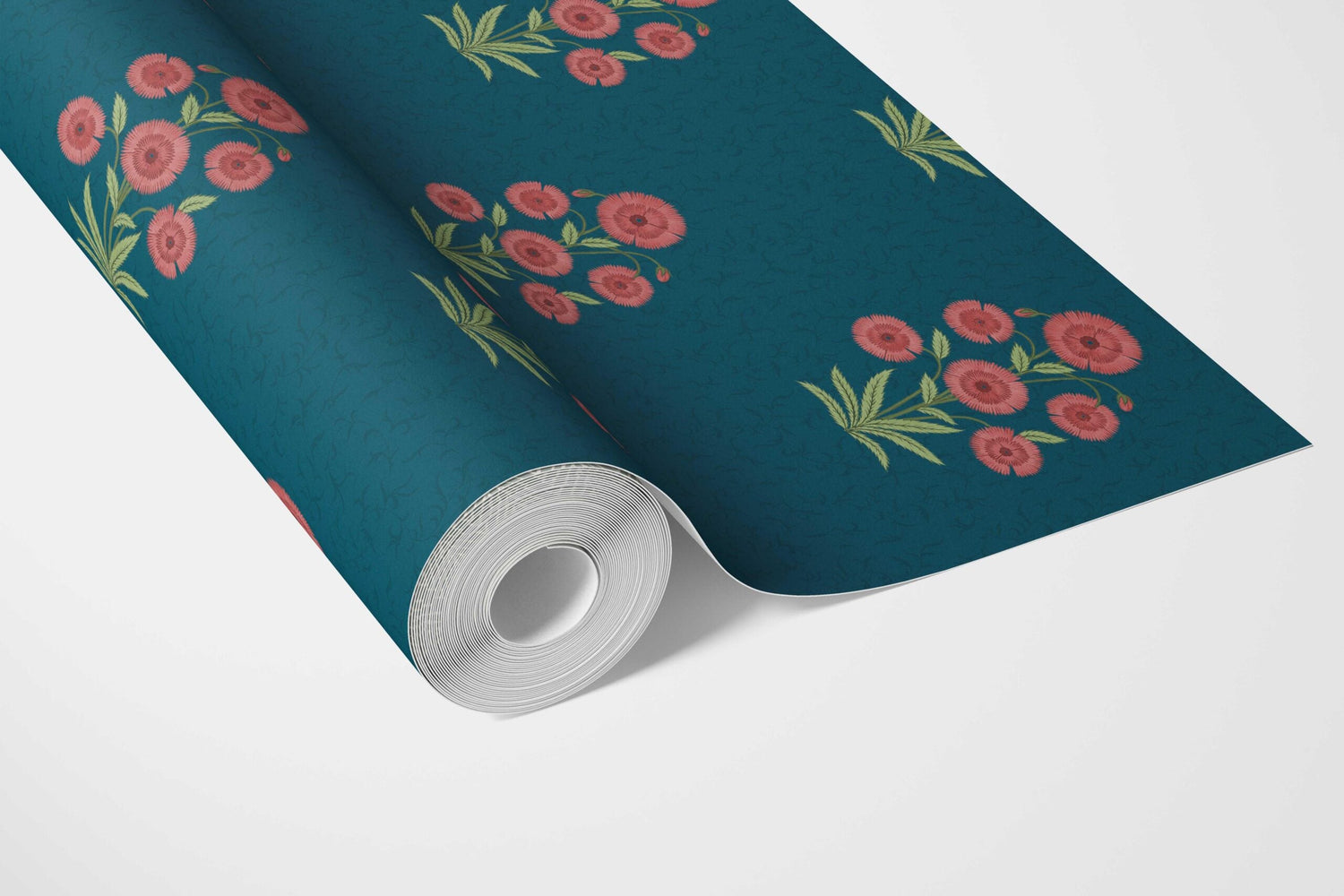 Botanical Floral Block Print Bathroom Wallpaper (Teal Blue/ Red-Pink/ Green)