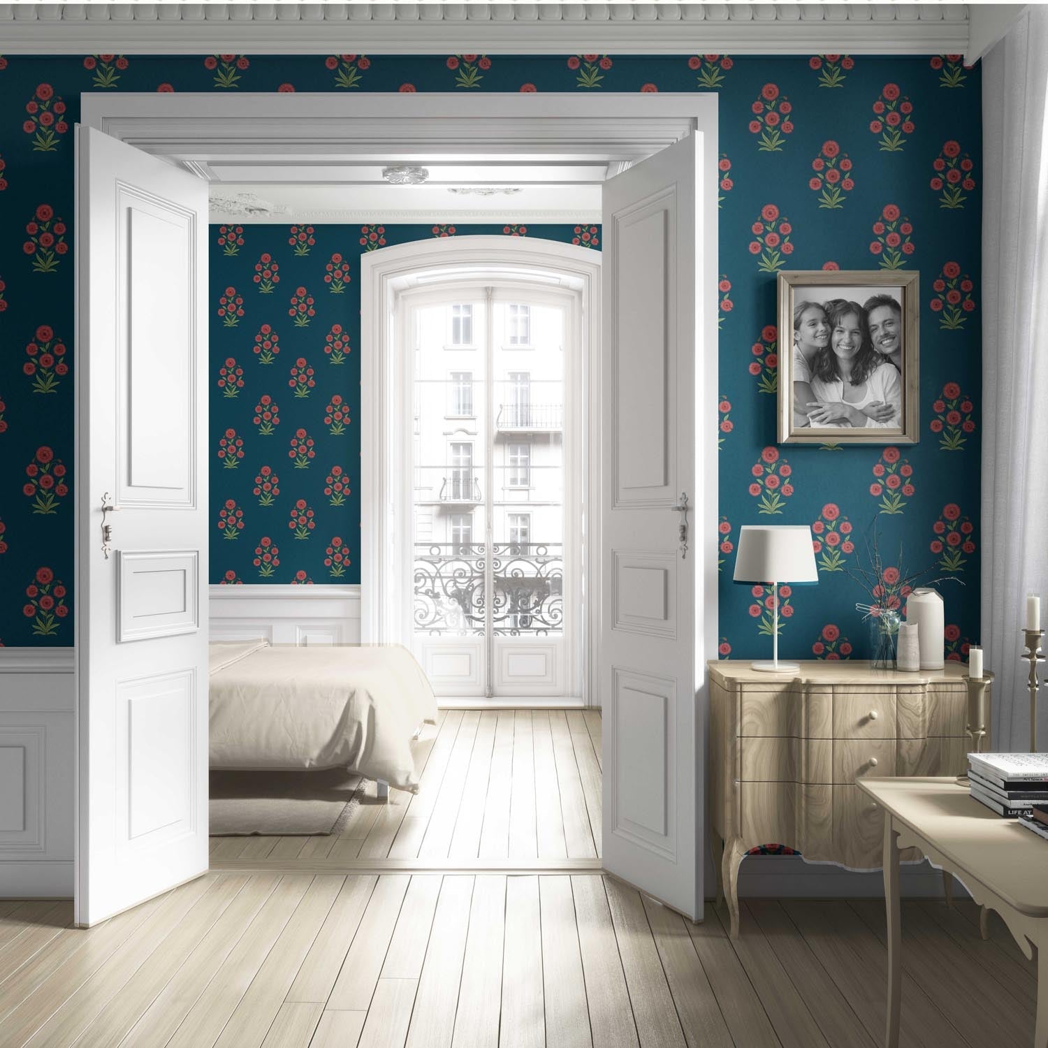 Botanical Floral Block Print Living Room Wallpaper (Teal Blue/ Red-Pink/ Green)
