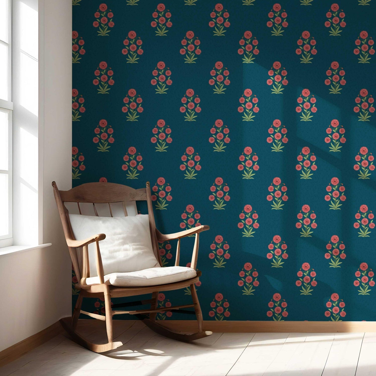 Botanical Floral Block Print Nursery Wallpaper (Teal Blue/ Red-Pink/ Green)
