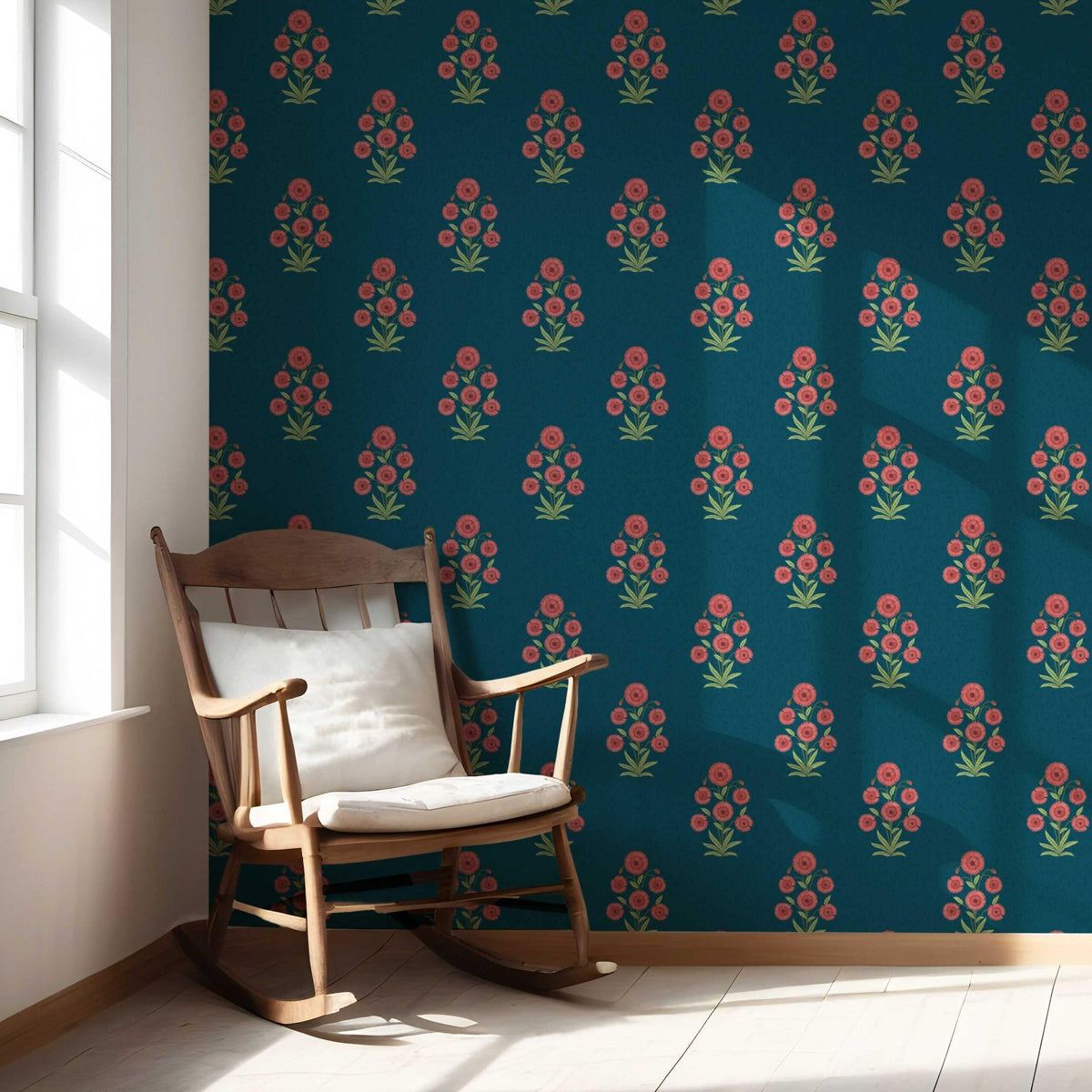 Botanical Floral Block Print Nursery Wallpaper (Teal Blue/ Red-Pink/ Green)