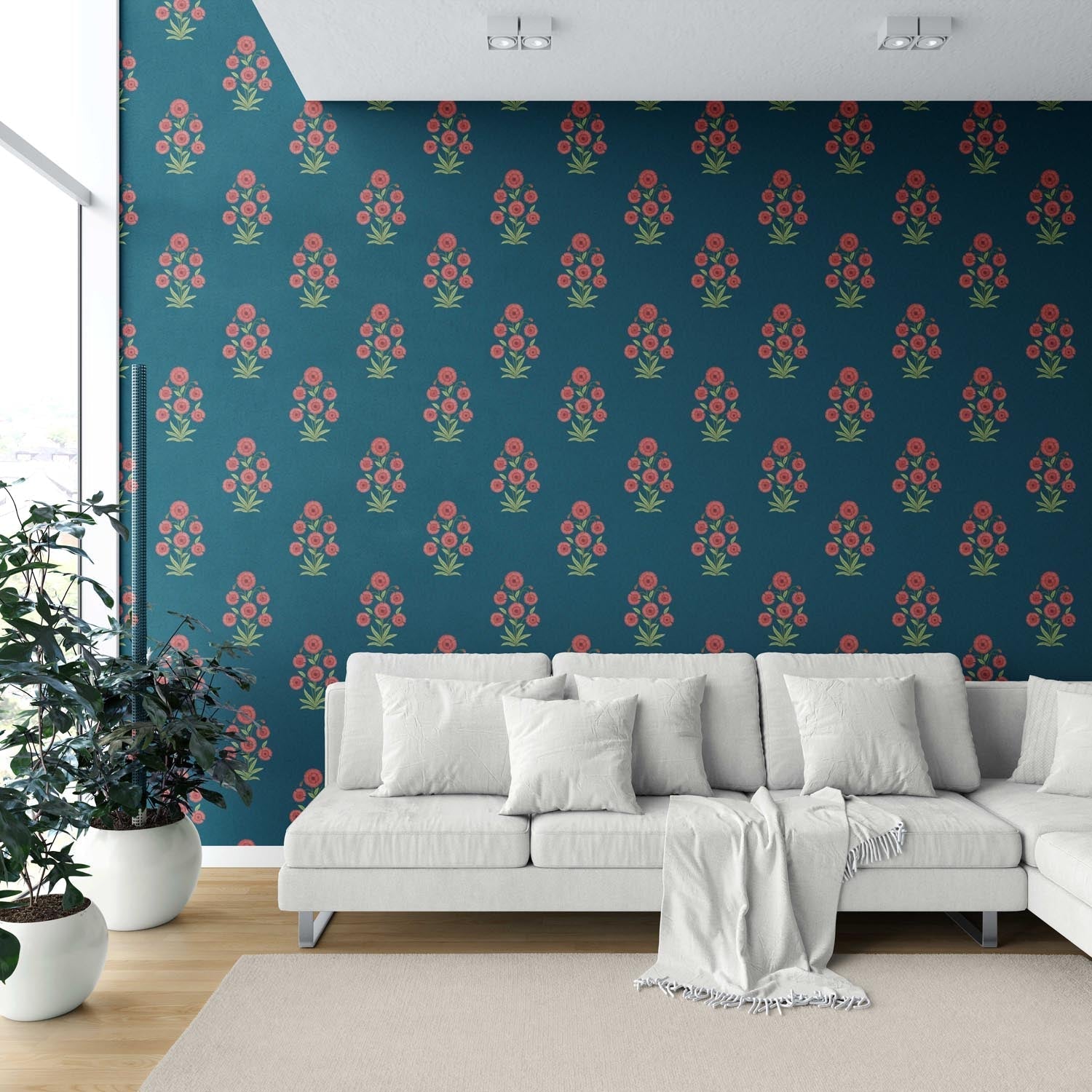 Botanical Floral Block Print Shower Toilet Wallpaper (Teal Blue/ Red-Pink/ Green)