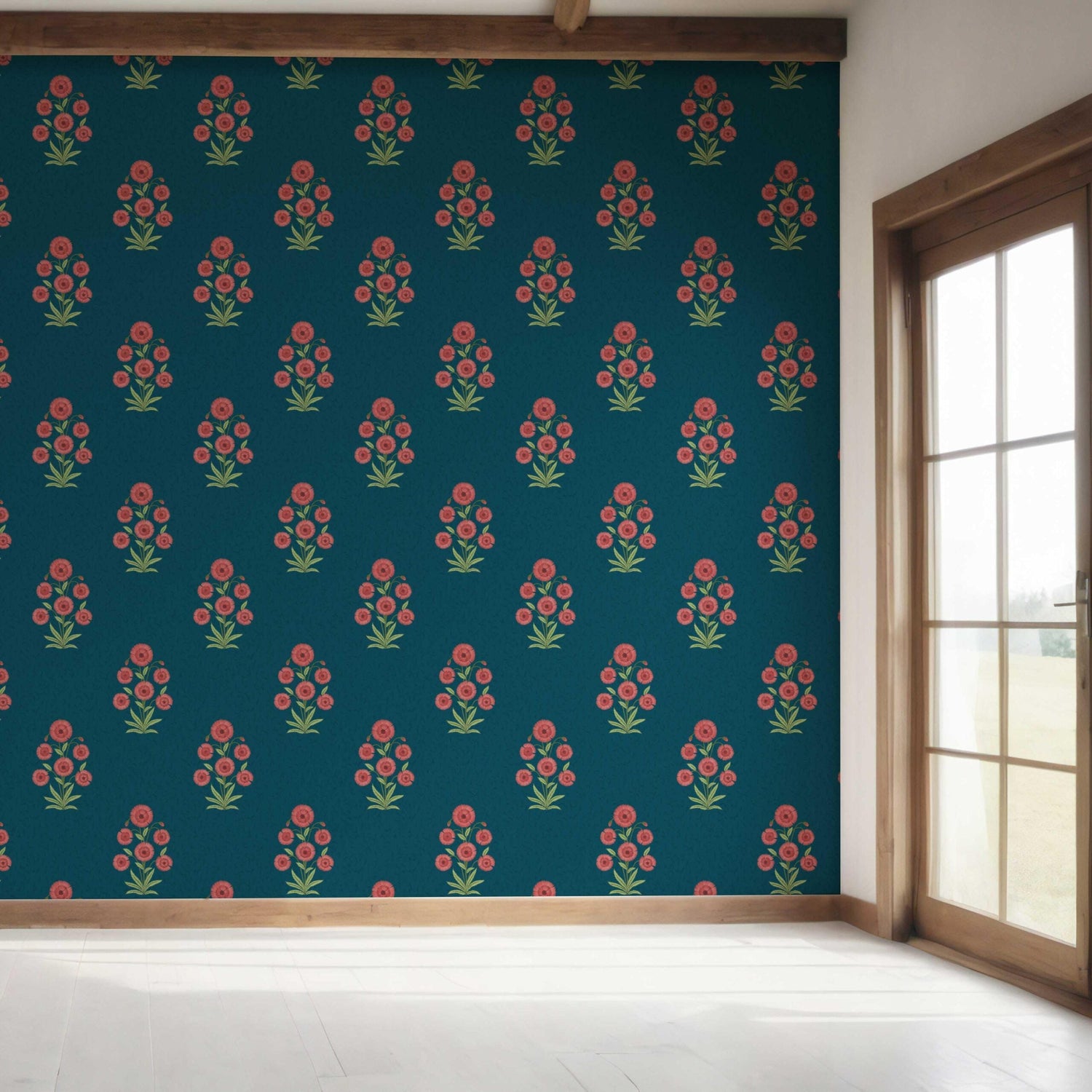 Botanical Floral Block Print Bedroom Wallpaper (Teal Blue/ Red-Pink/ Green)
