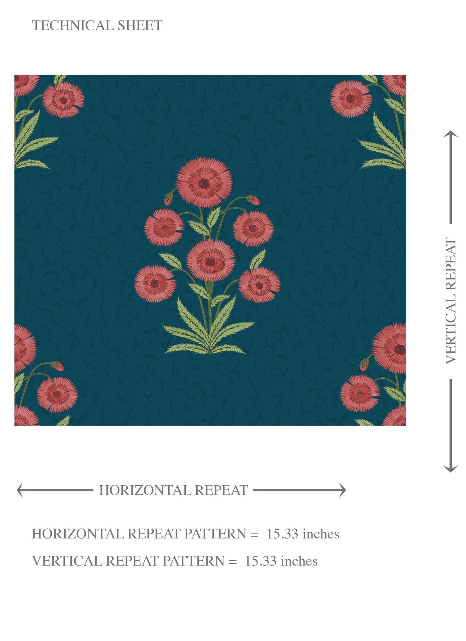 Botanical Floral Block Print Kids Room Wallpaper (Teal Blue/ Red-Pink/ Green)