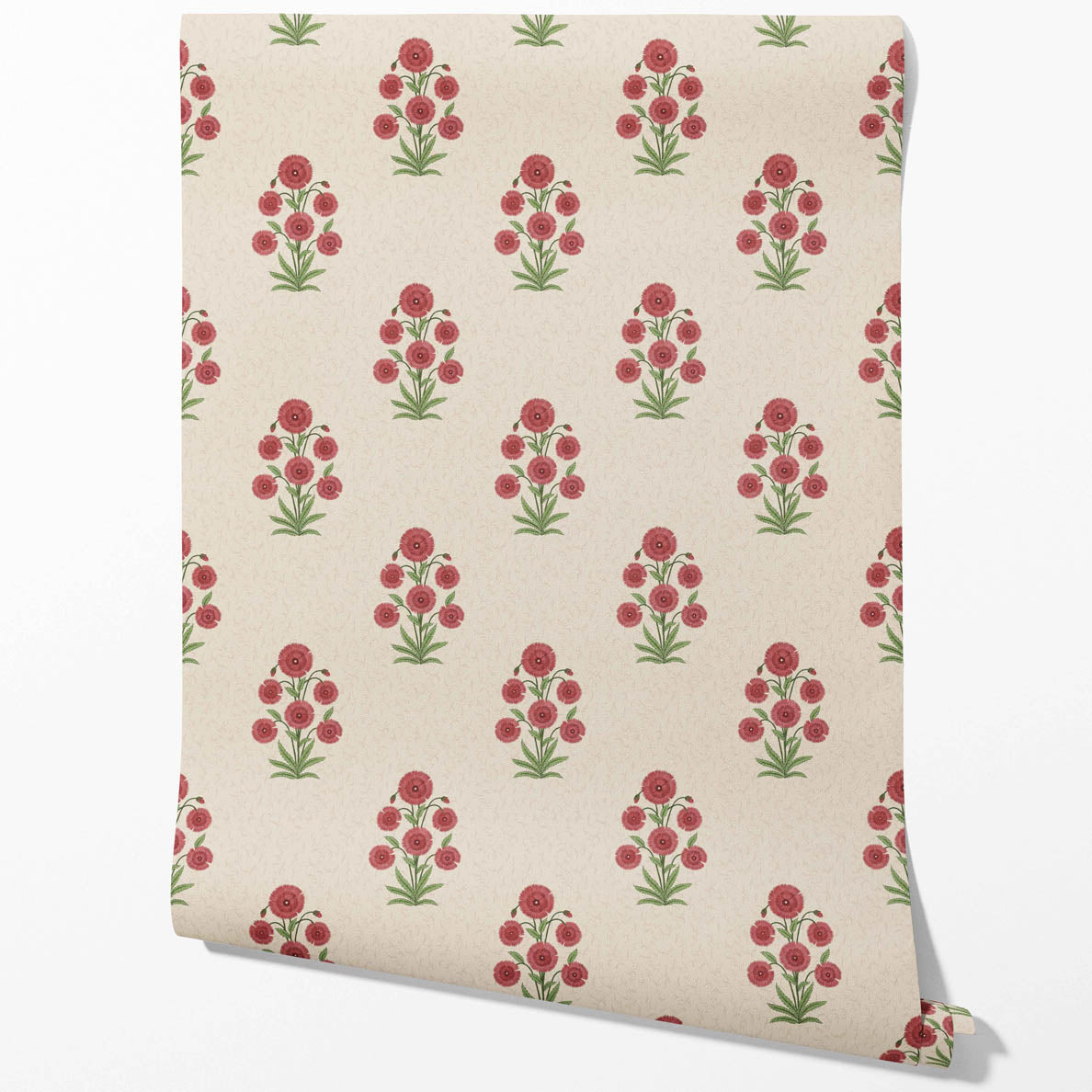 Botanical Floral Block Print Kitchen Wallpaper (Red/ Beige/ Green)
