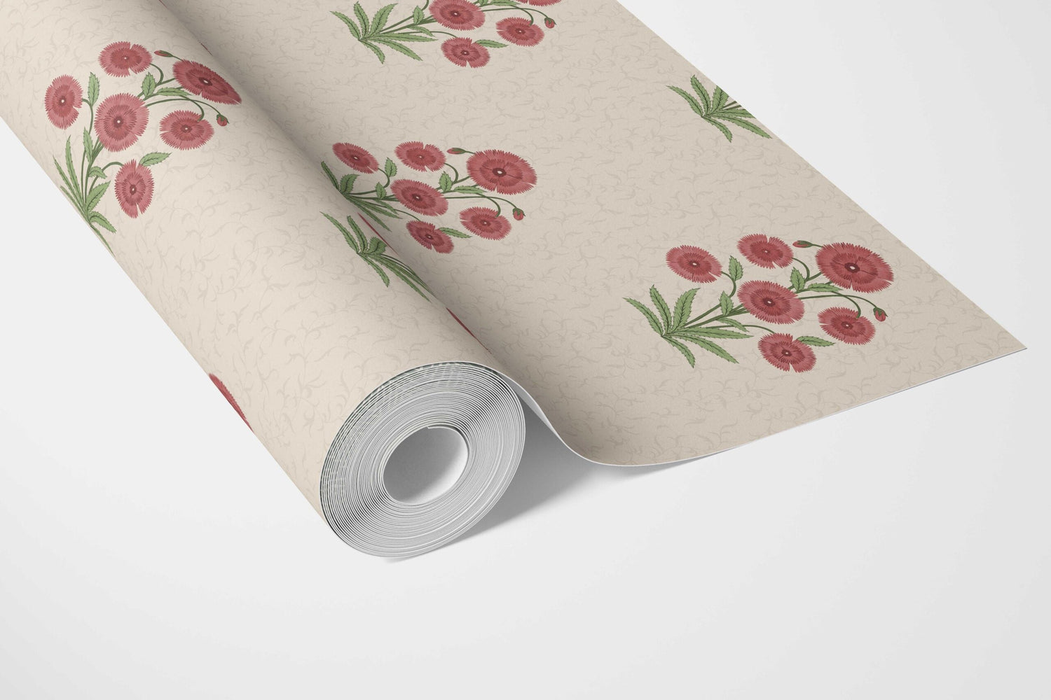 Botanical Floral Block Print Bathroom Wallpaper (Red/ Beige/ Green)