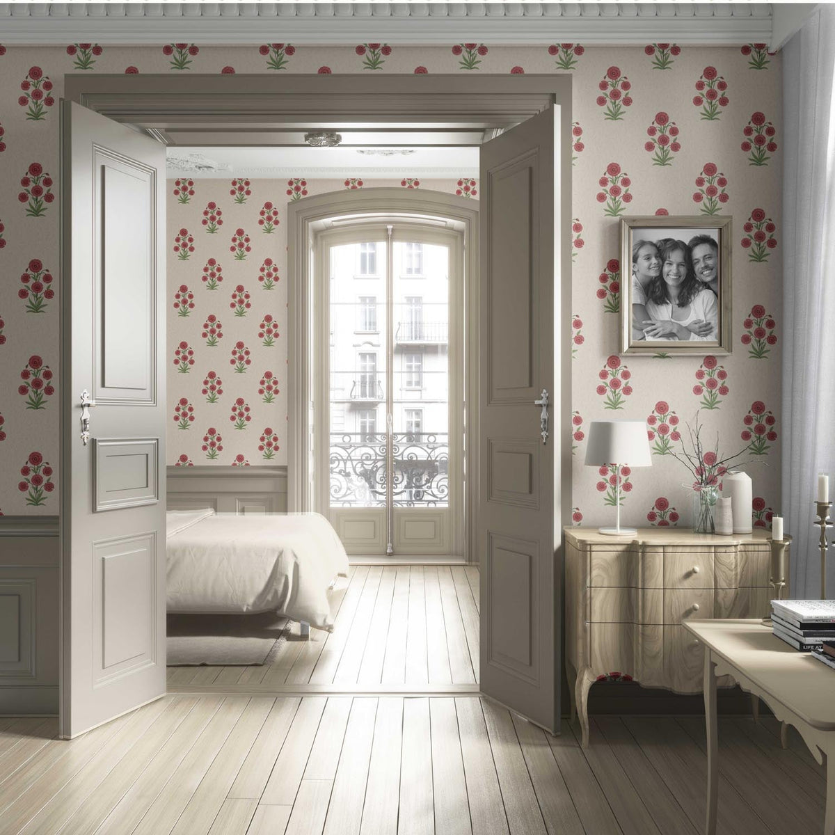 Botanical Floral Block Print Living Room Wallpaper (Red/ Beige/ Green)