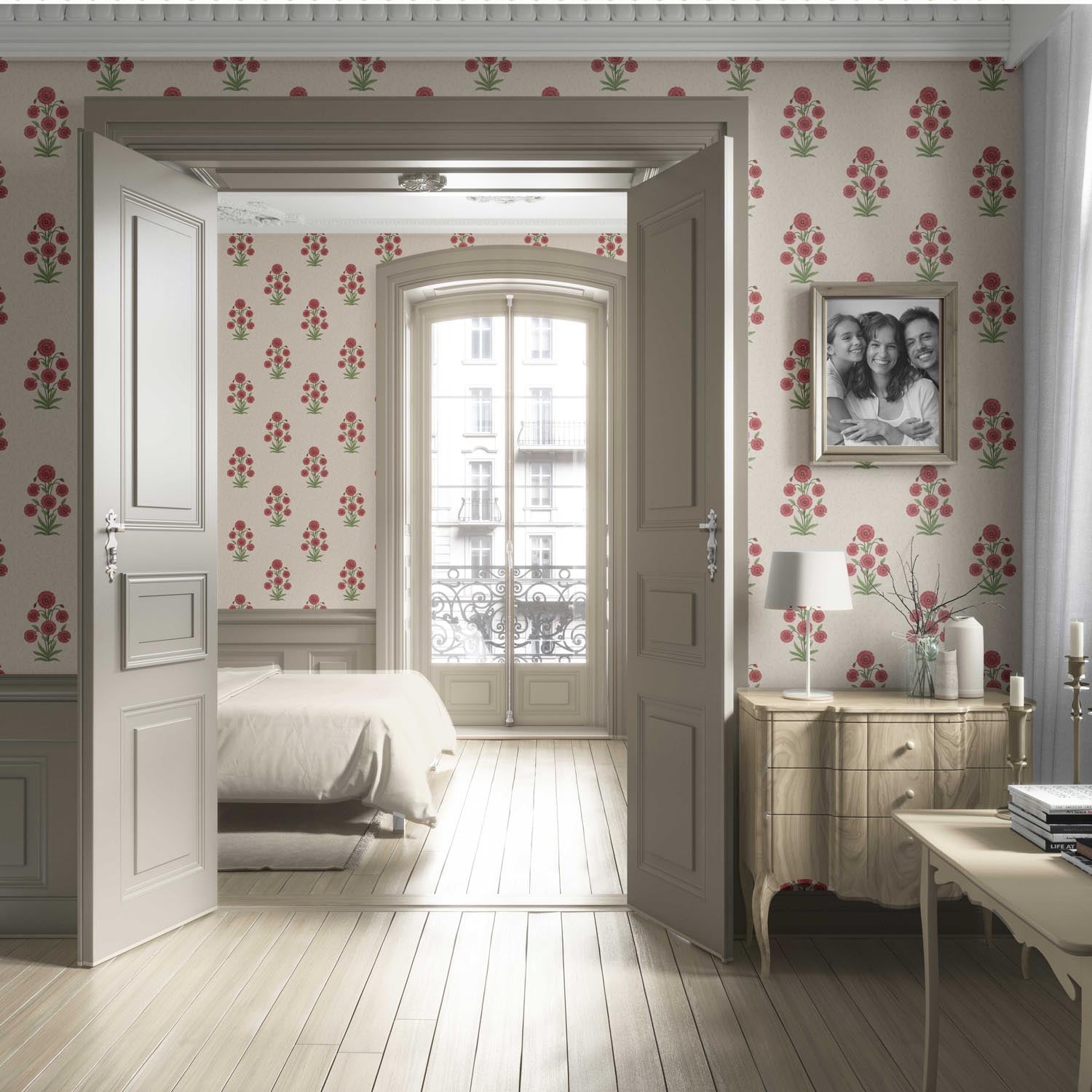 Botanical Floral Block Print Living Room Wallpaper (Red/ Beige/ Green)