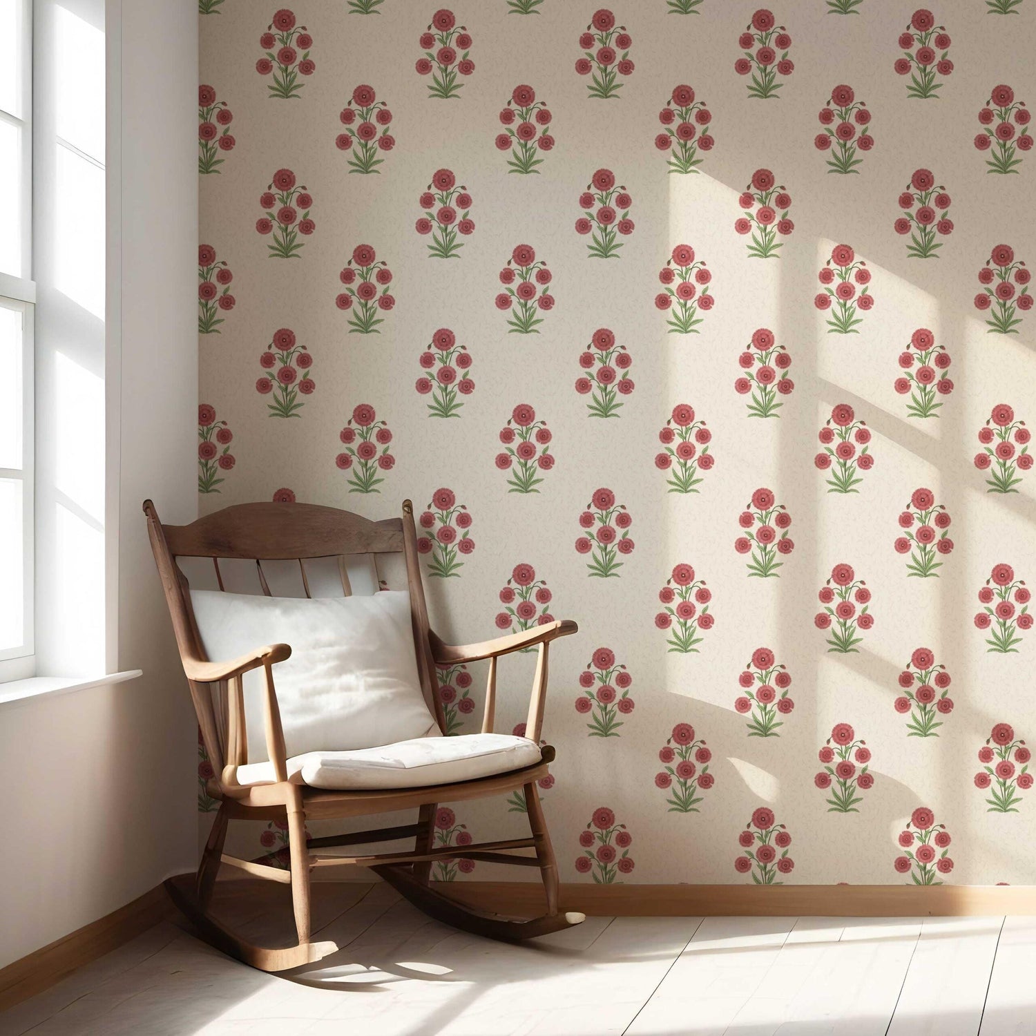Botanical Floral Block Print Nursery Wallpaper (Red/ Beige/ Green)