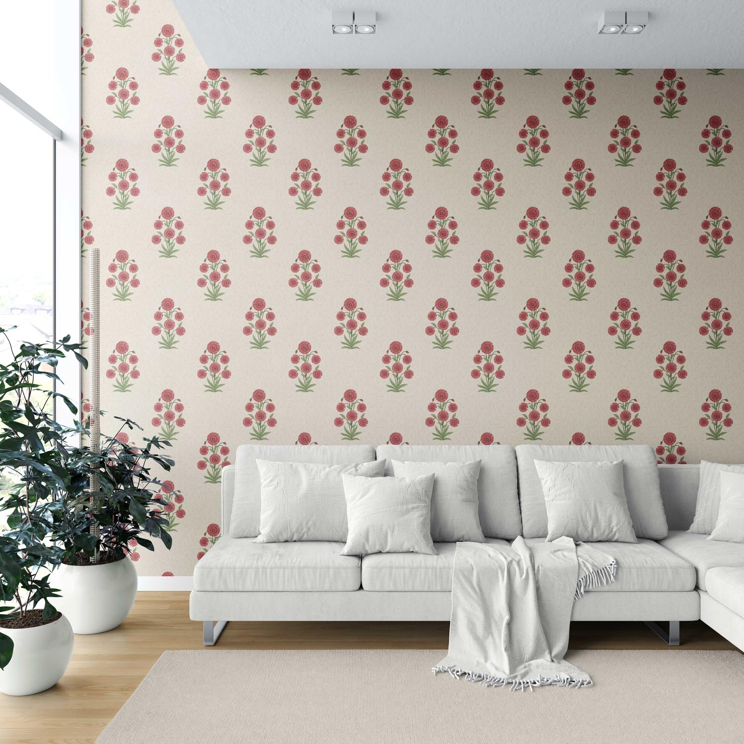 Botanical Floral Block Print Shower Toilet Wallpaper (Red/ Beige/ Green)