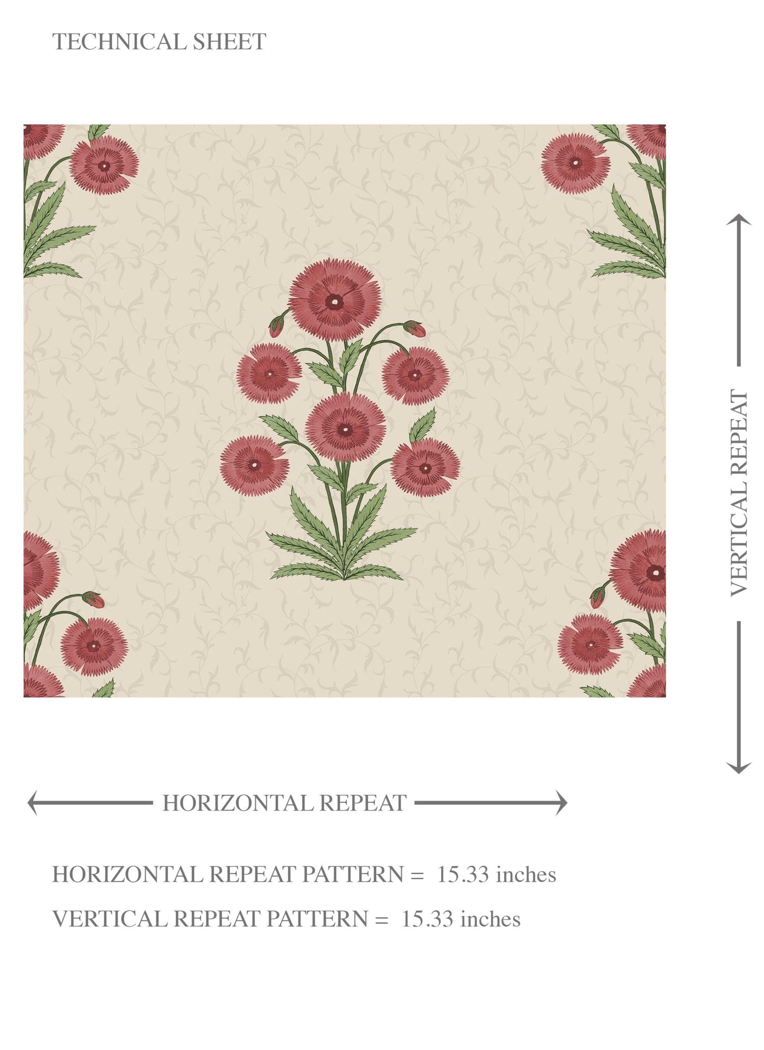 Botanical Floral Block Print Kids Room Wallpaper (Red/ Beige/ Green)