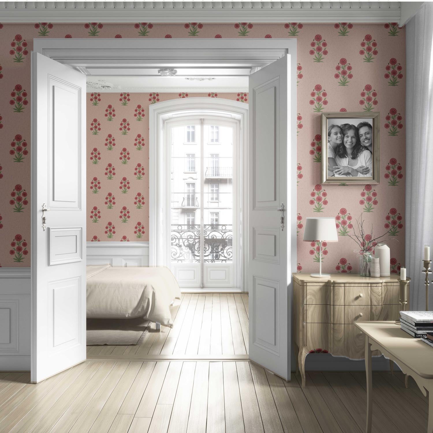 Botanical Floral Block Print Living Room Wallpaper (Pink/ Red/ Green)