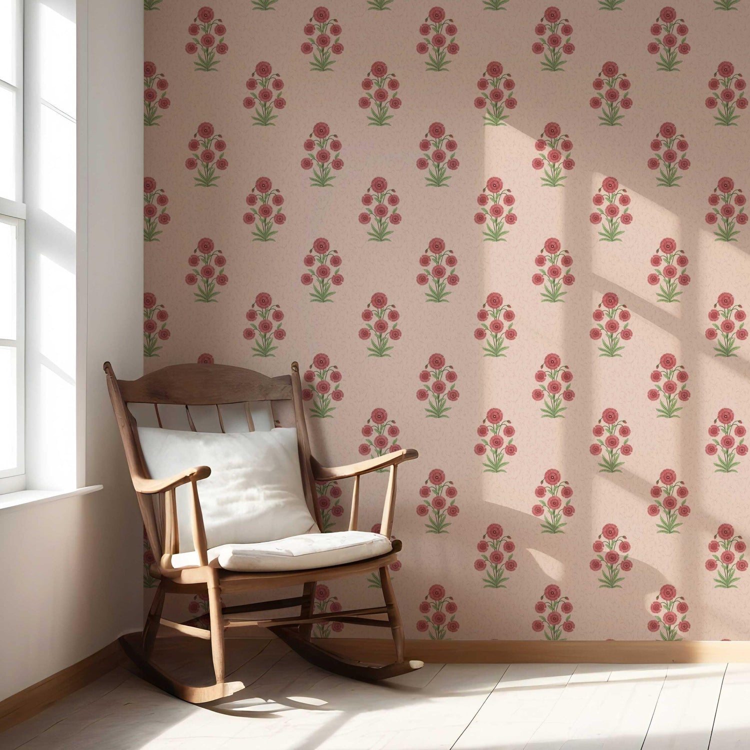 Botanical Floral Block Print Nursery Wallpaper (Pink/ Red/ Green)