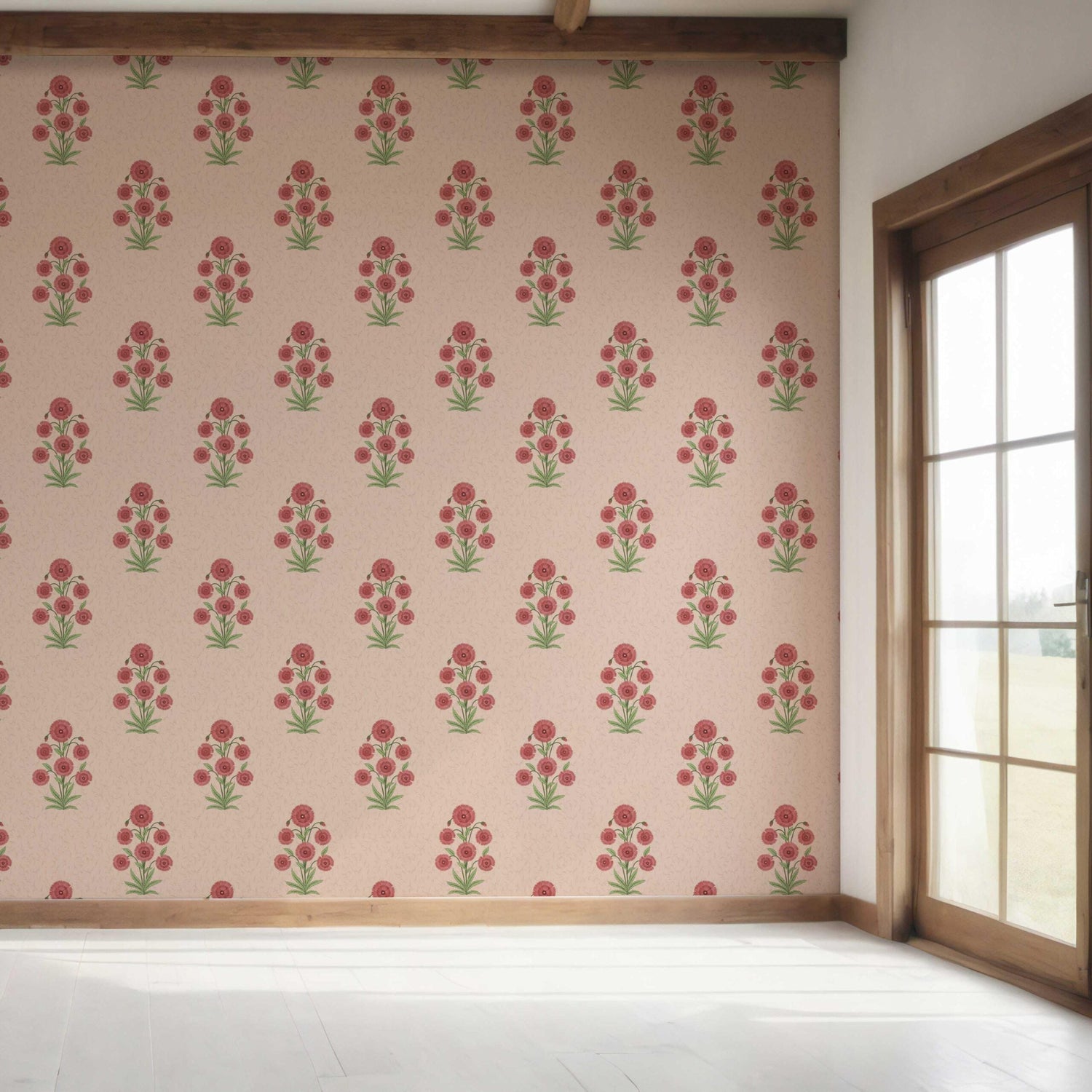 Botanical Floral Block Print Bedroom Wallpaper (Pink/ Red/ Green)