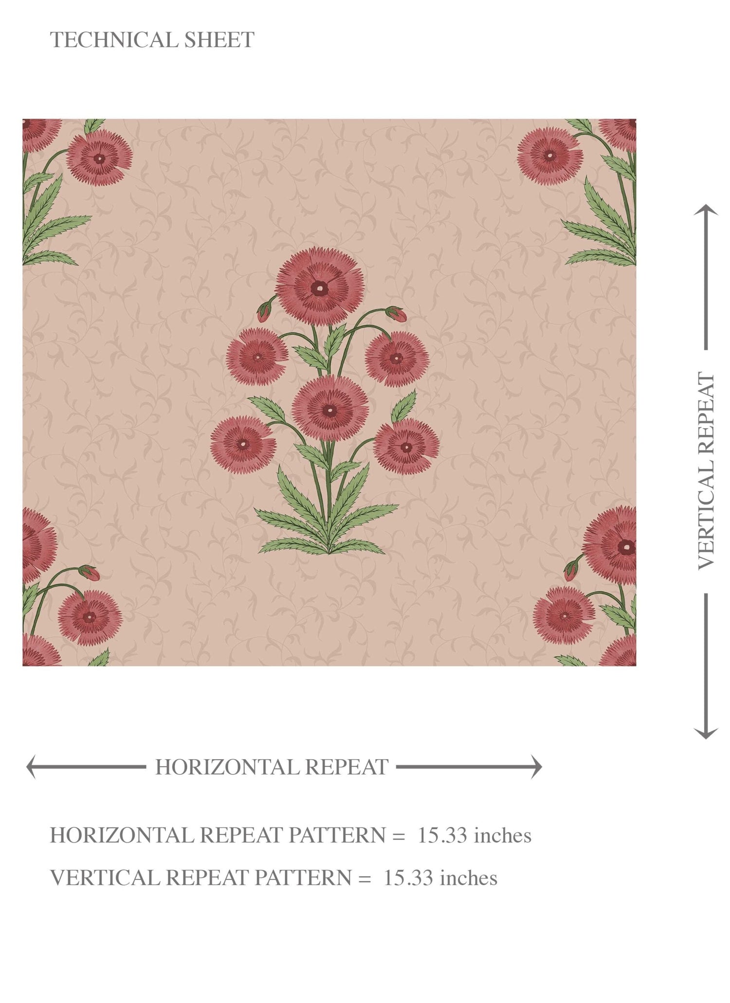 Botanical Floral Block Print Kids Room Wallpaper (Pink/ Red/ Green)