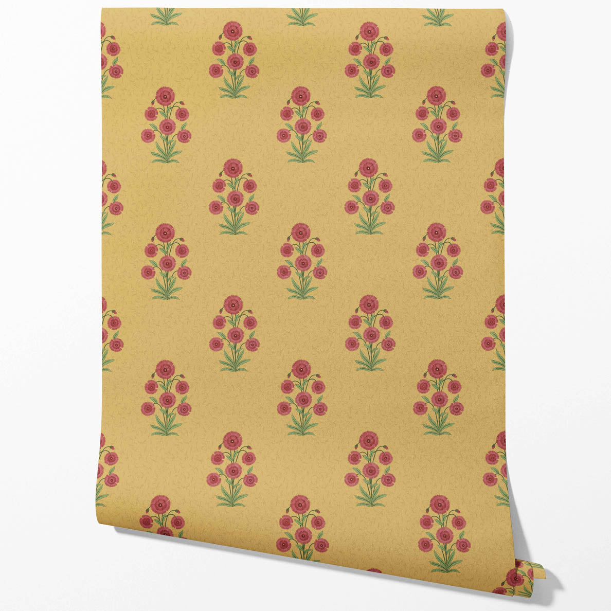 Botanical Floral Block Print Kitchen Wallpaper (Yellow/ Red-Pink/ Green)