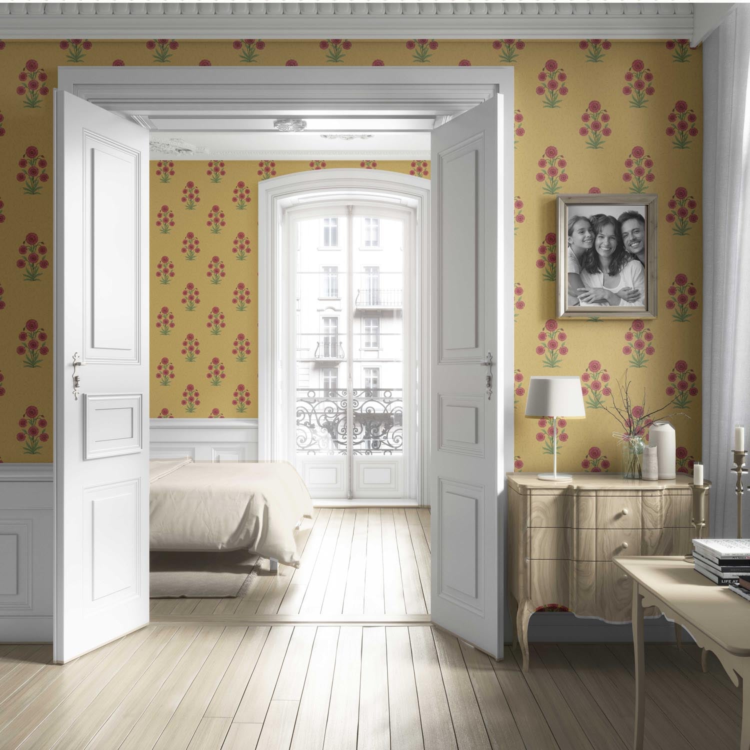 Botanical Floral Block Print Living Room Wallpaper (Yellow/ Red-Pink/ Green)
