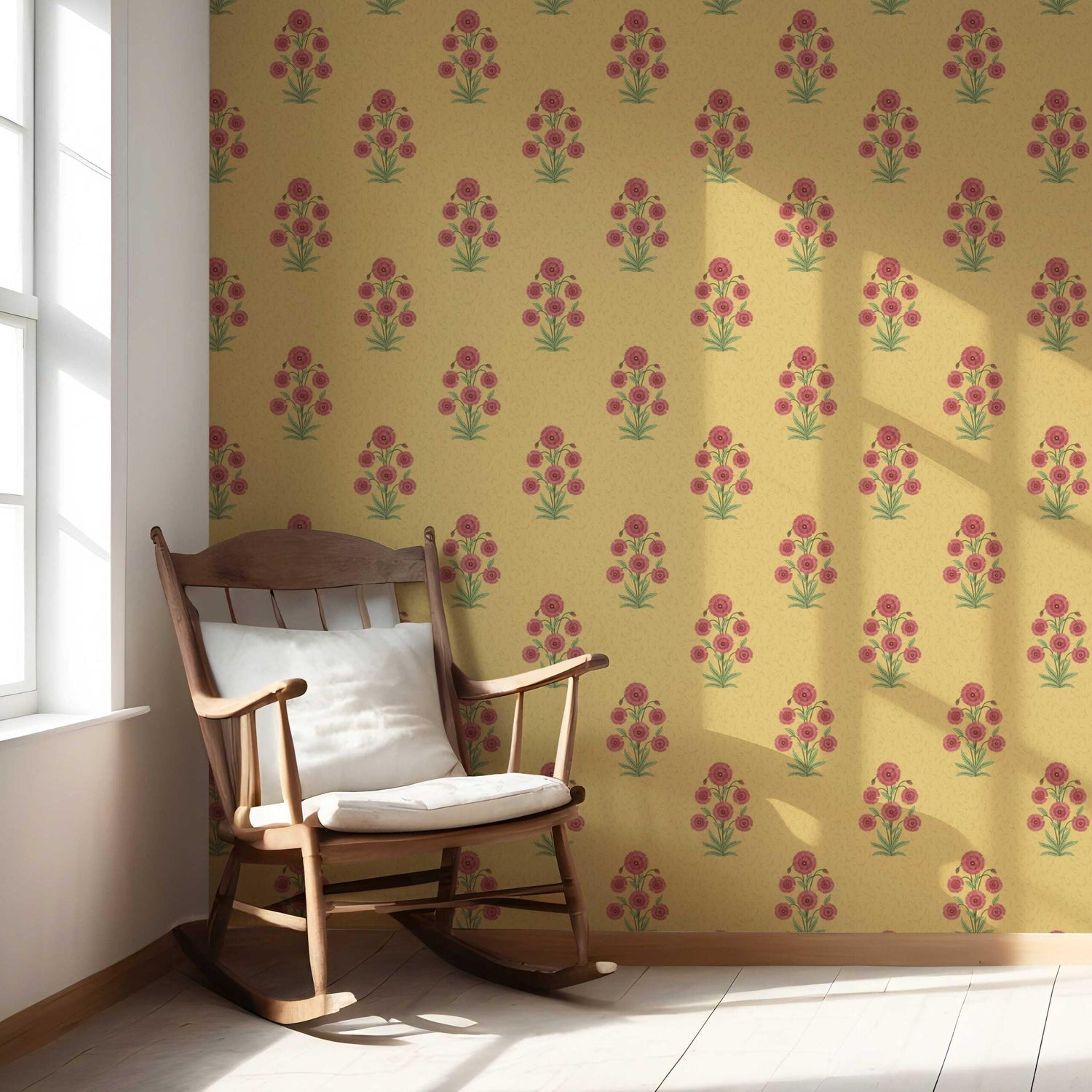 Botanical Floral Block Print Nursery Wallpaper (Yellow/ Red-Pink/ Green)