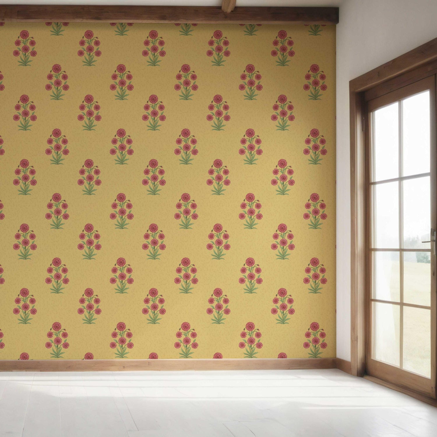 Botanical Floral Block Print Bedroom Wallpaper (Yellow/ Red-Pink/ Green)