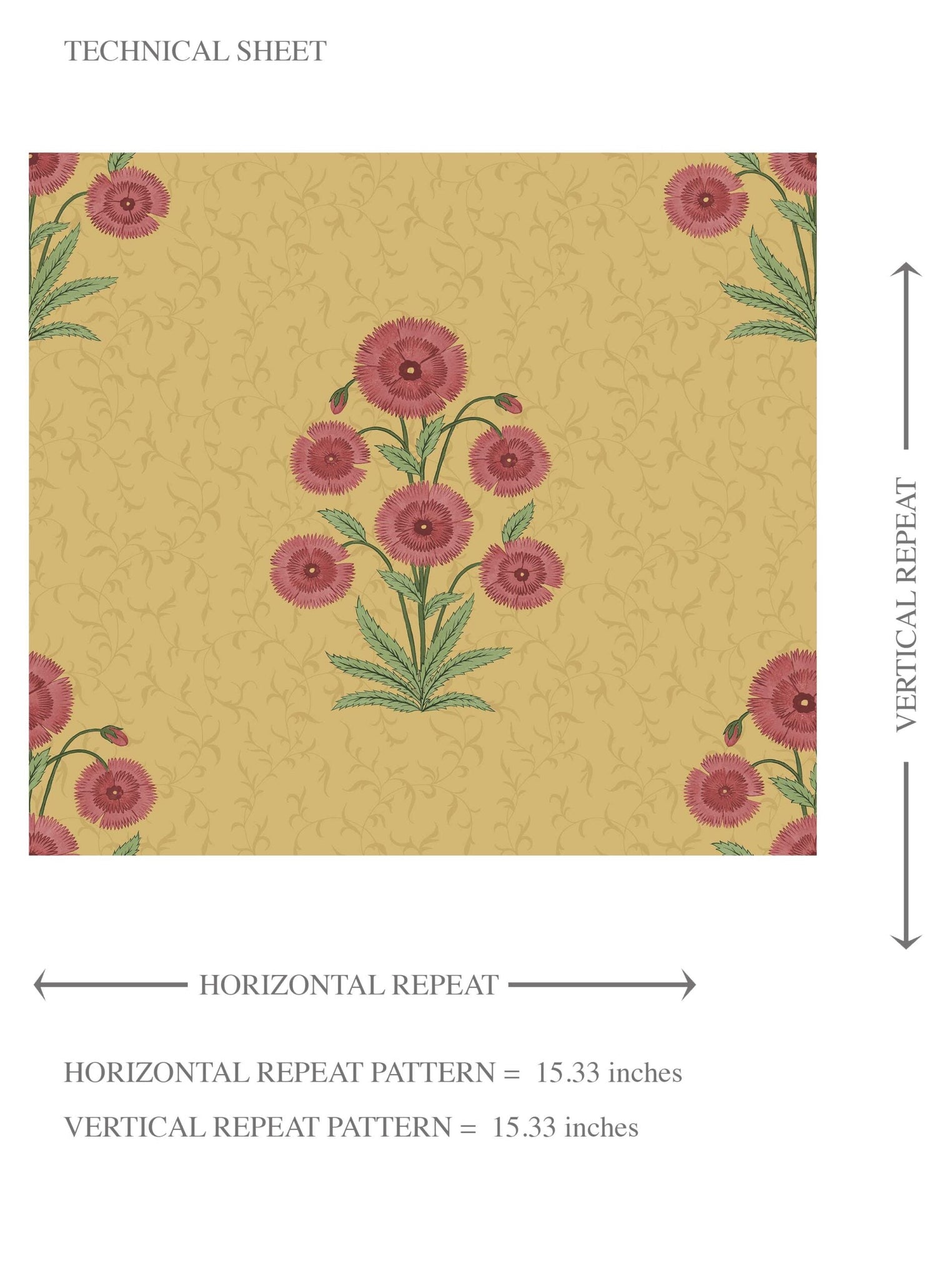 Botanical Floral Block Print Kids Room Wallpaper (Yellow/ Red-Pink/ Green)