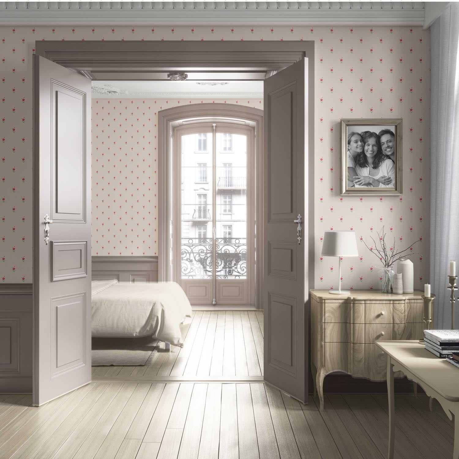 Vintage-Inspired Floral Block Print Living Room Wallpaper (Pink/ Green)