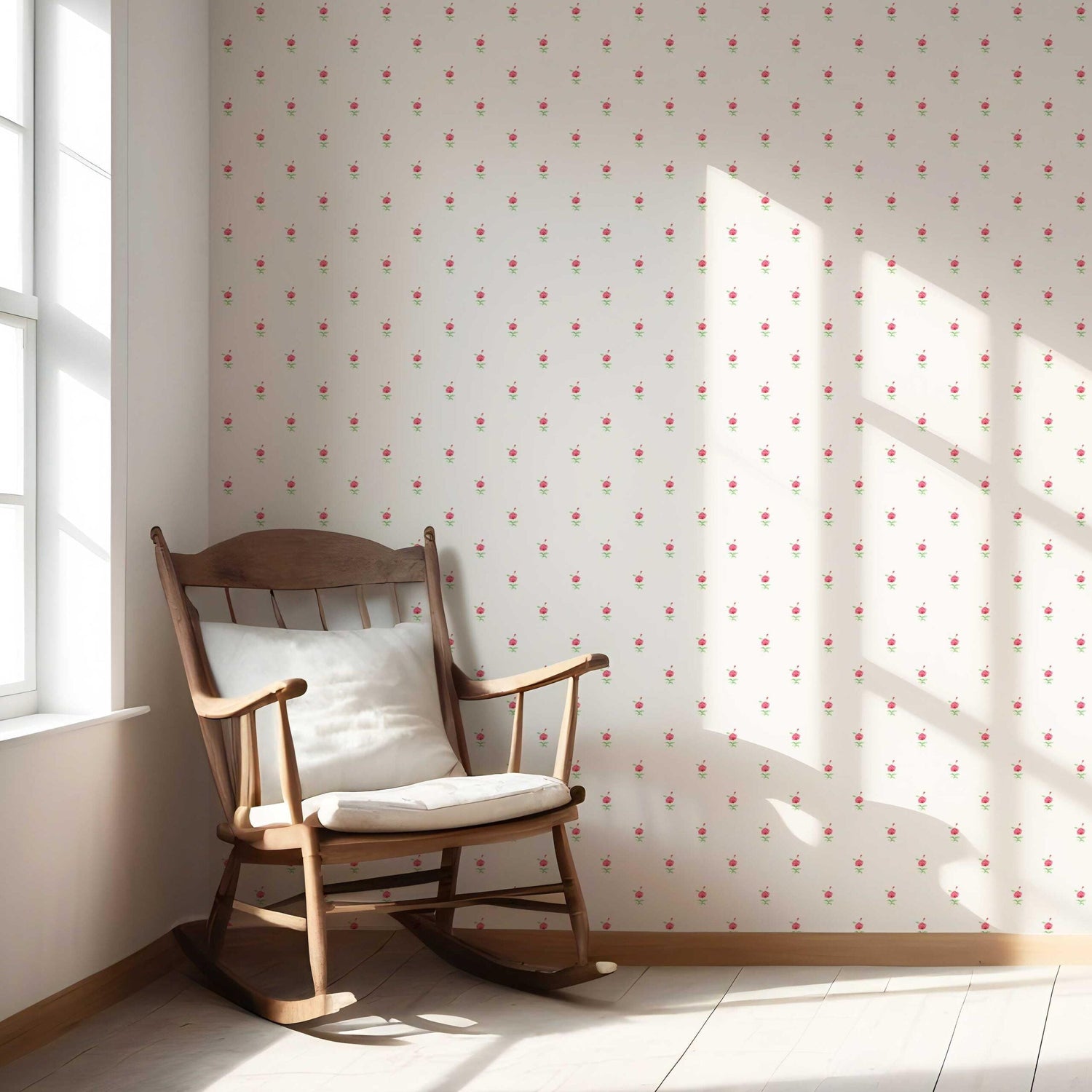 Vintage-Inspired Floral Block Print Nursery Wallpaper (White/ Pink/ Green)