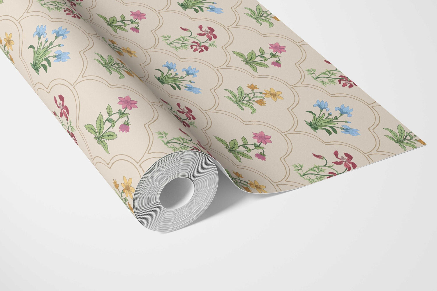 Vintage-Inspired Floral Block Print Bathroom Wallpaper (Beige/ Red/ Pink/ Blue/ Yellow/ Green)