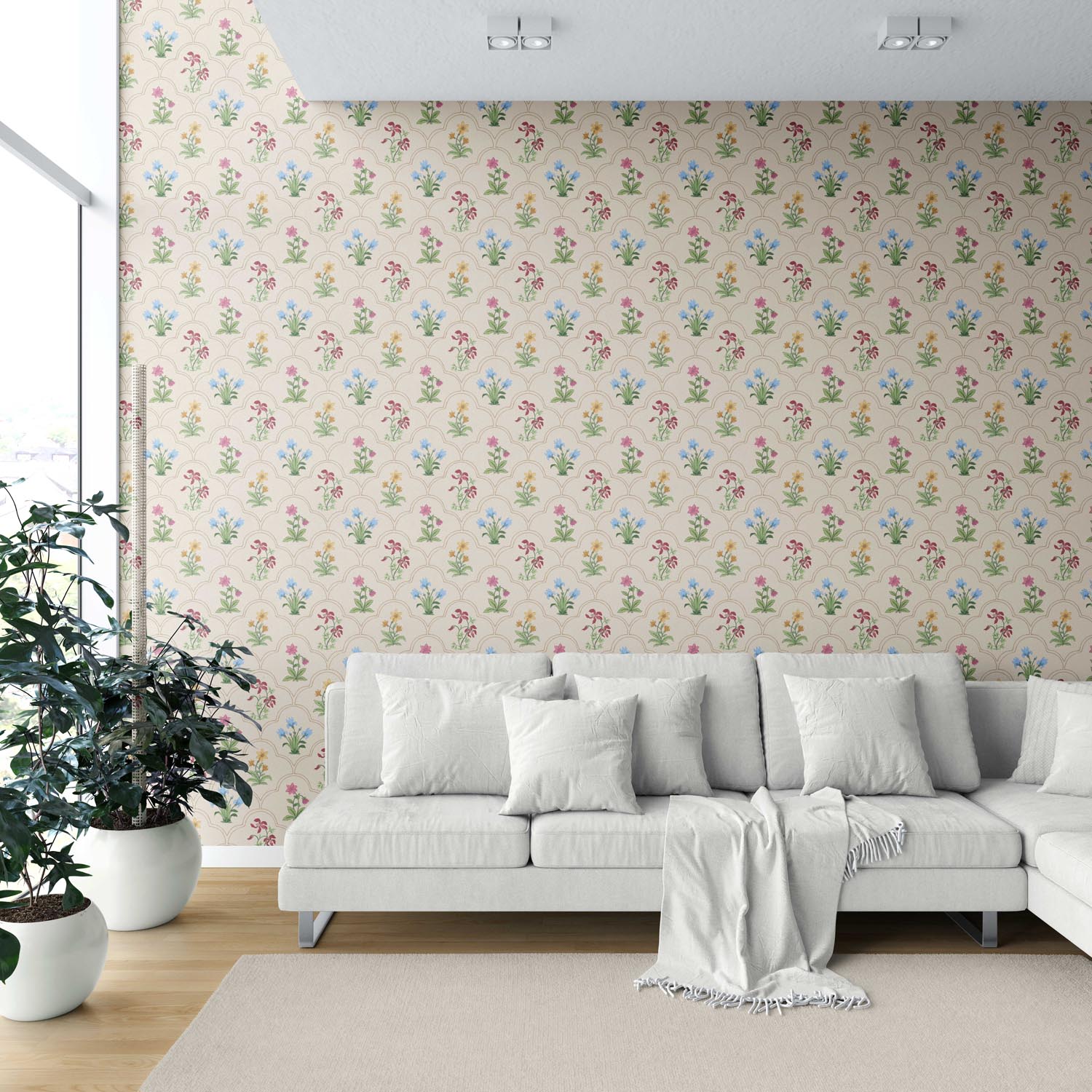 Vintage-Inspired Floral Block Print Shower Toilet Wallpaper (Beige/ Red/ Pink/ Blue/ Yellow/ Green)