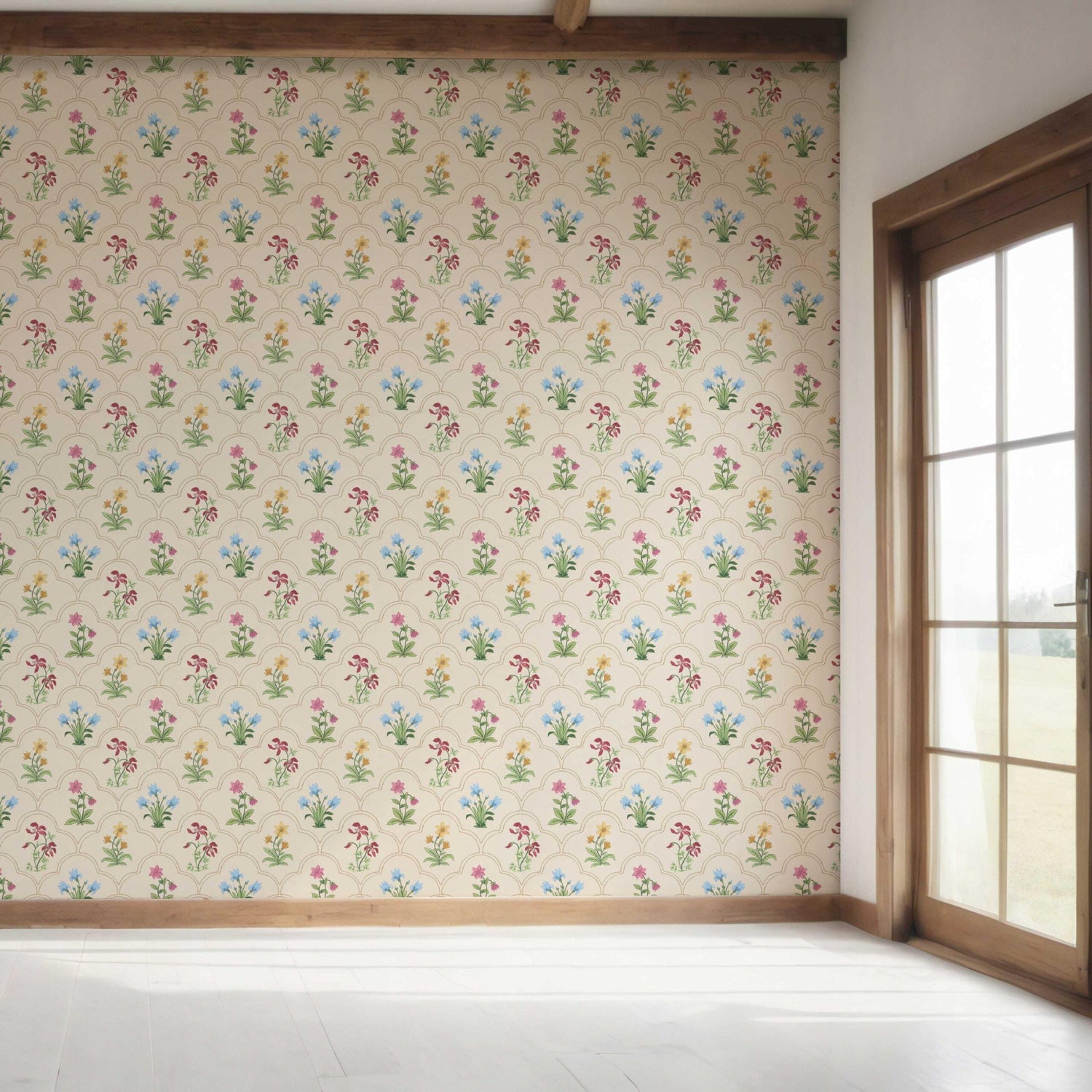 Vintage-Inspired Floral Block Print Bedroom Wallpaper (Beige/ Red/ Pink/ Blue/ Yellow/ Green)