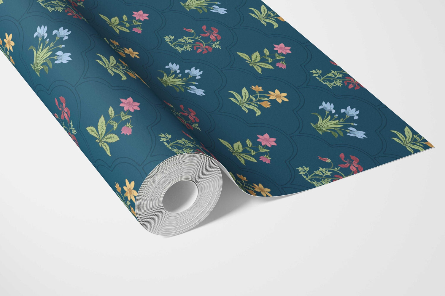 Vintage-Inspired Floral Block Print Bathroom Wallpaper (Teal Blue/ Red/ Pink/ Yellow/ Green)