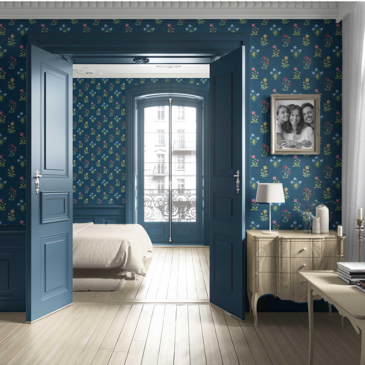 Vintage-Inspired Floral Block Print Living Room Wallpaper (Teal Blue/ Red/ Pink/ Yellow/ Green)