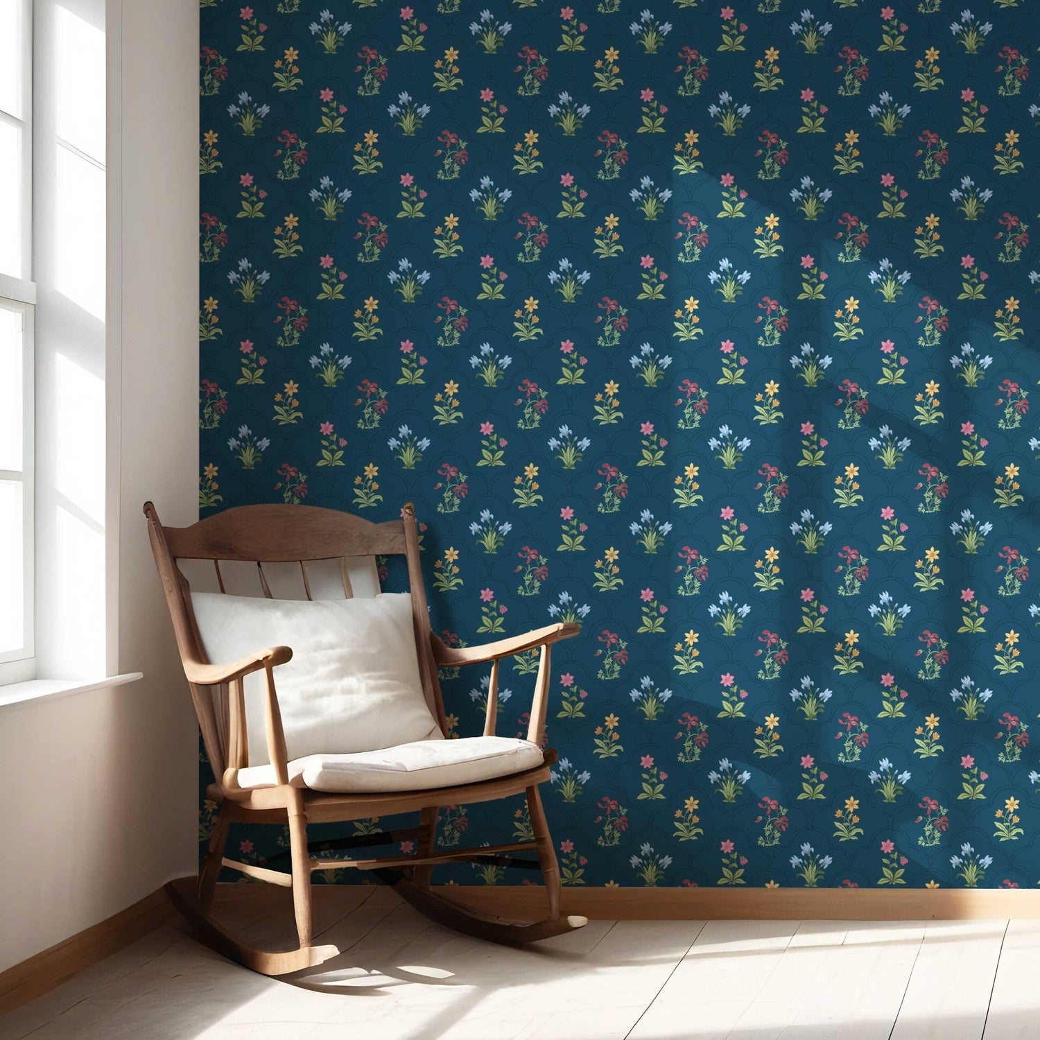 Vintage-Inspired Floral Block Print Nursery Wallpaper (Teal Blue/ Red/ Pink/ Yellow/ Green)