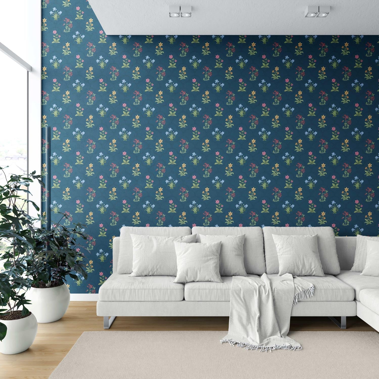 Vintage-Inspired Floral Block Print Shower Toilet Wallpaper (Teal Blue/ Red/ Pink/ Yellow/ Green)