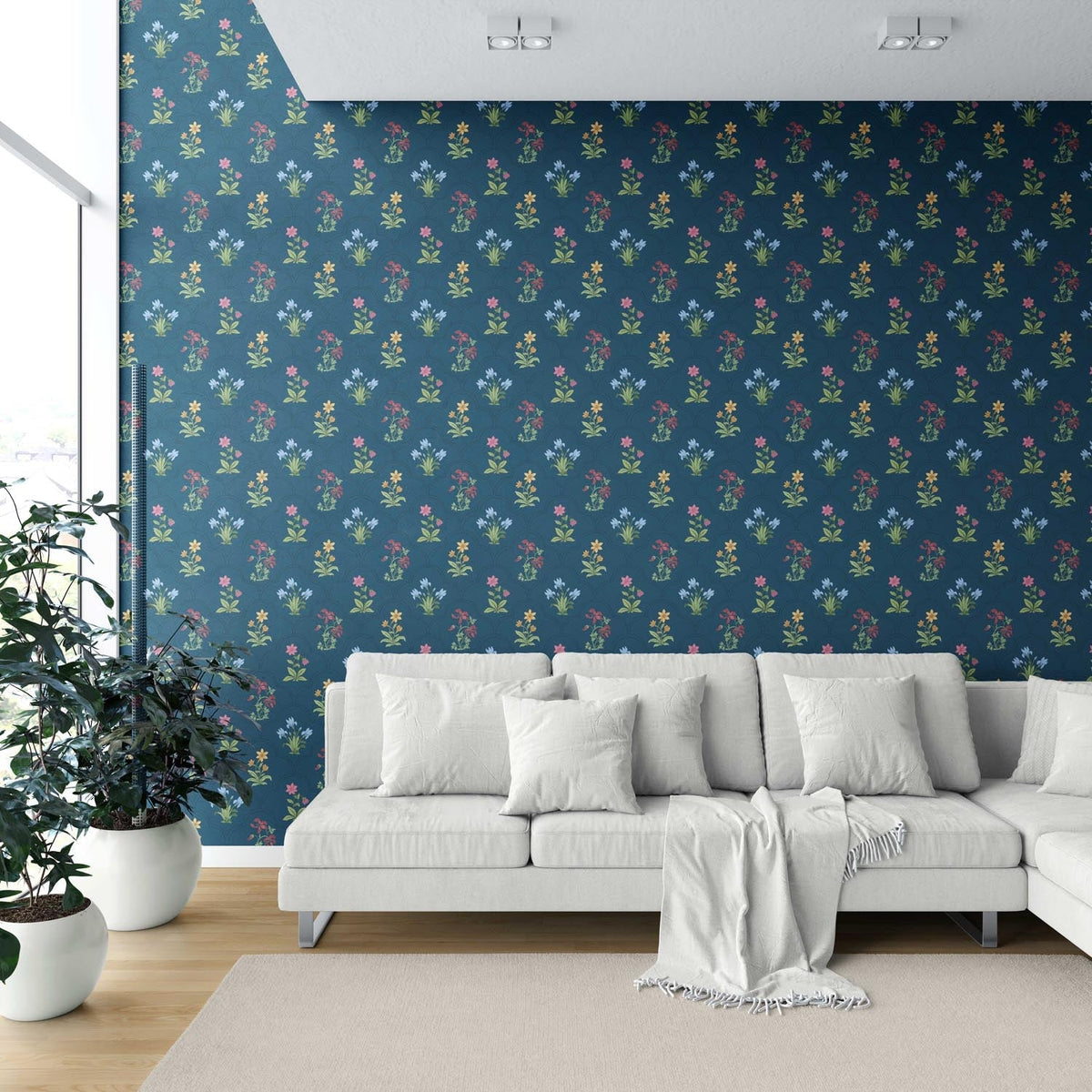 Vintage-Inspired Floral Block Print Shower Toilet Wallpaper (Teal Blue/ Red/ Pink/ Yellow/ Green)