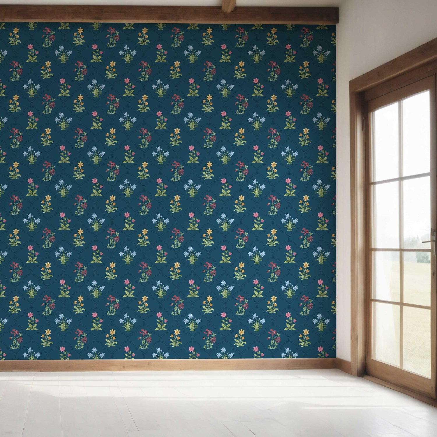 Vintage-Inspired Floral Block Print Bedroom Wallpaper (Teal Blue/ Red/ Pink/ Yellow/ Green)