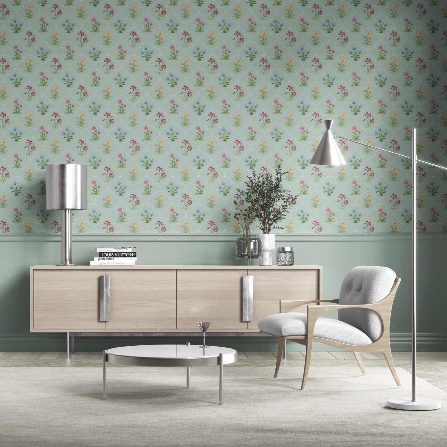 Vintage-Inspired Floral Block Print Kitchen Wallpaper (Duck Egg Blue/ Pink/ Red/ Yellow/ Green)
