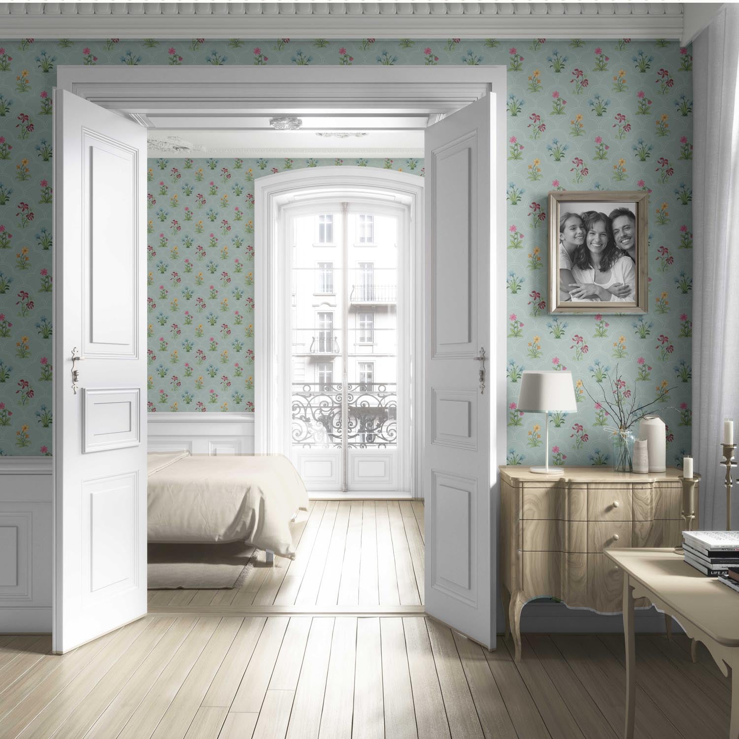Vintage-Inspired Floral Block Print Living Room Wallpaper (Duck Egg Blue/ Pink/ Red/ Yellow/ Green)
