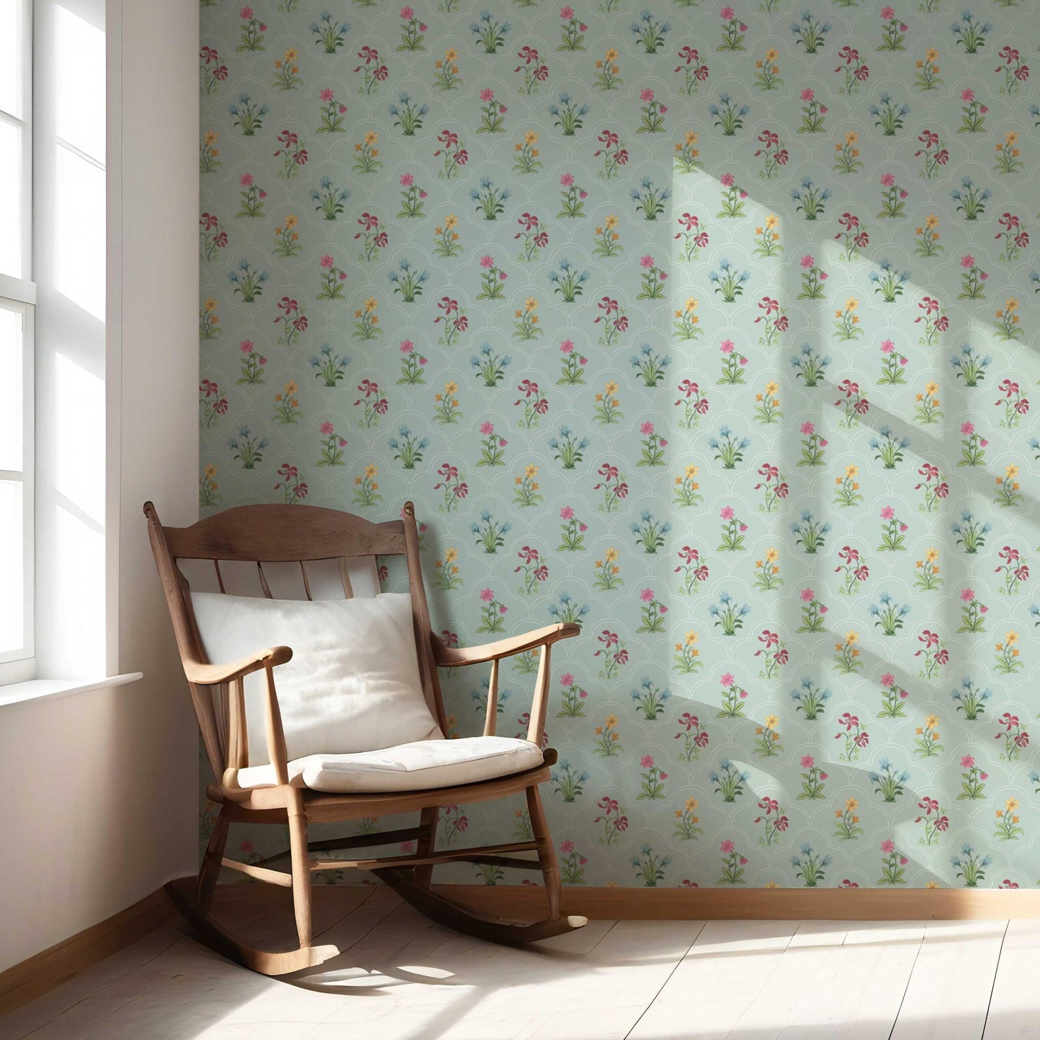 Vintage-Inspired Floral Block Print Nursery Wallpaper (Duck Egg Blue/ Pink/ Red/ Yellow/ Green)
