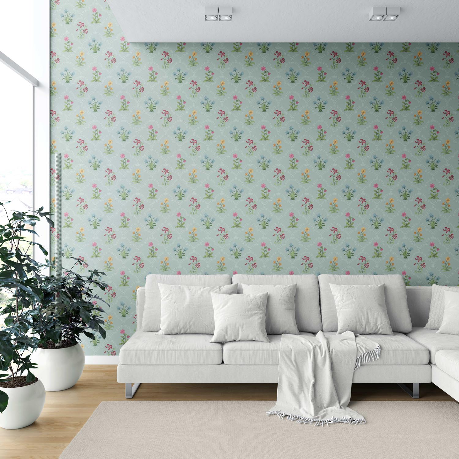 Vintage-Inspired Floral Block Print Shower Toilet Wallpaper (Duck Egg Blue/ Pink/ Red/ Yellow/ Green)