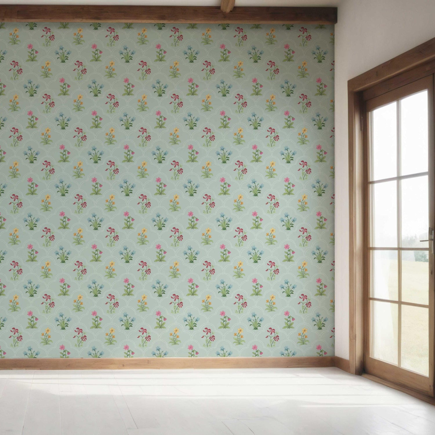Vintage-Inspired Floral Block Print Bedroom Wallpaper (Duck Egg Blue/ Pink/ Red/ Yellow/ Green)