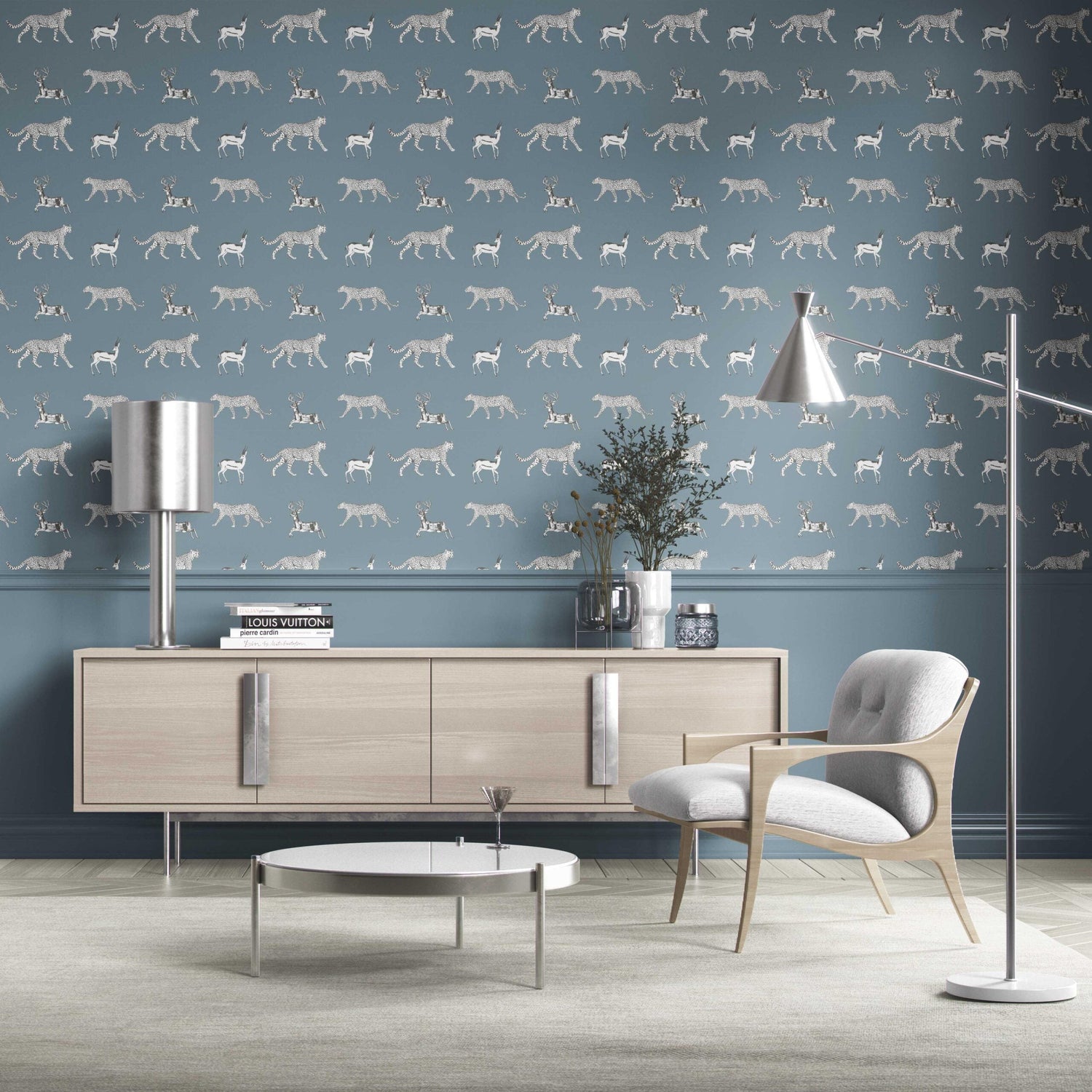 Leopard Animal Print Kitchen Wallpaper (Slate Blue/ White)